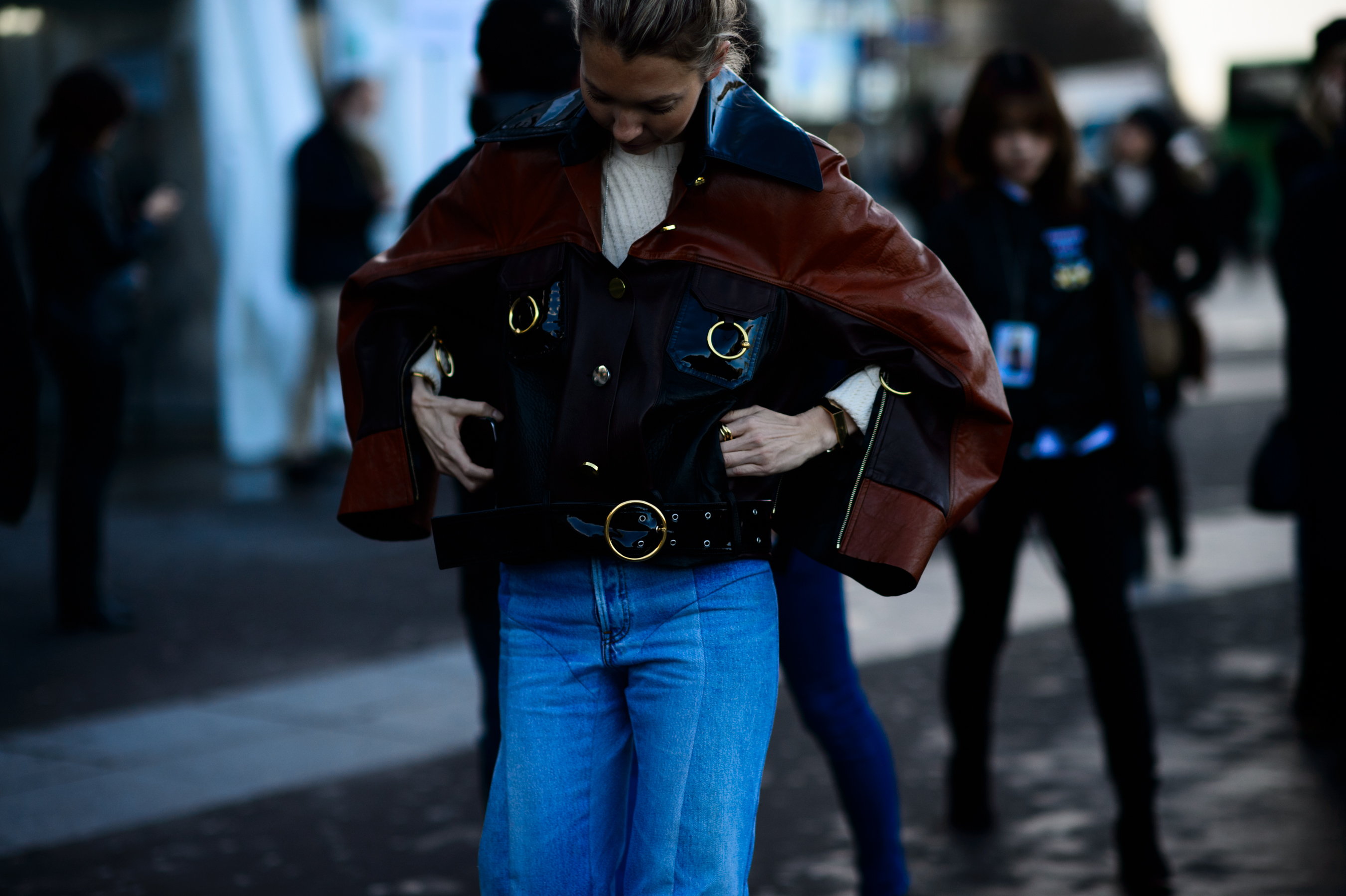 Woman wearing brown leather jacket
