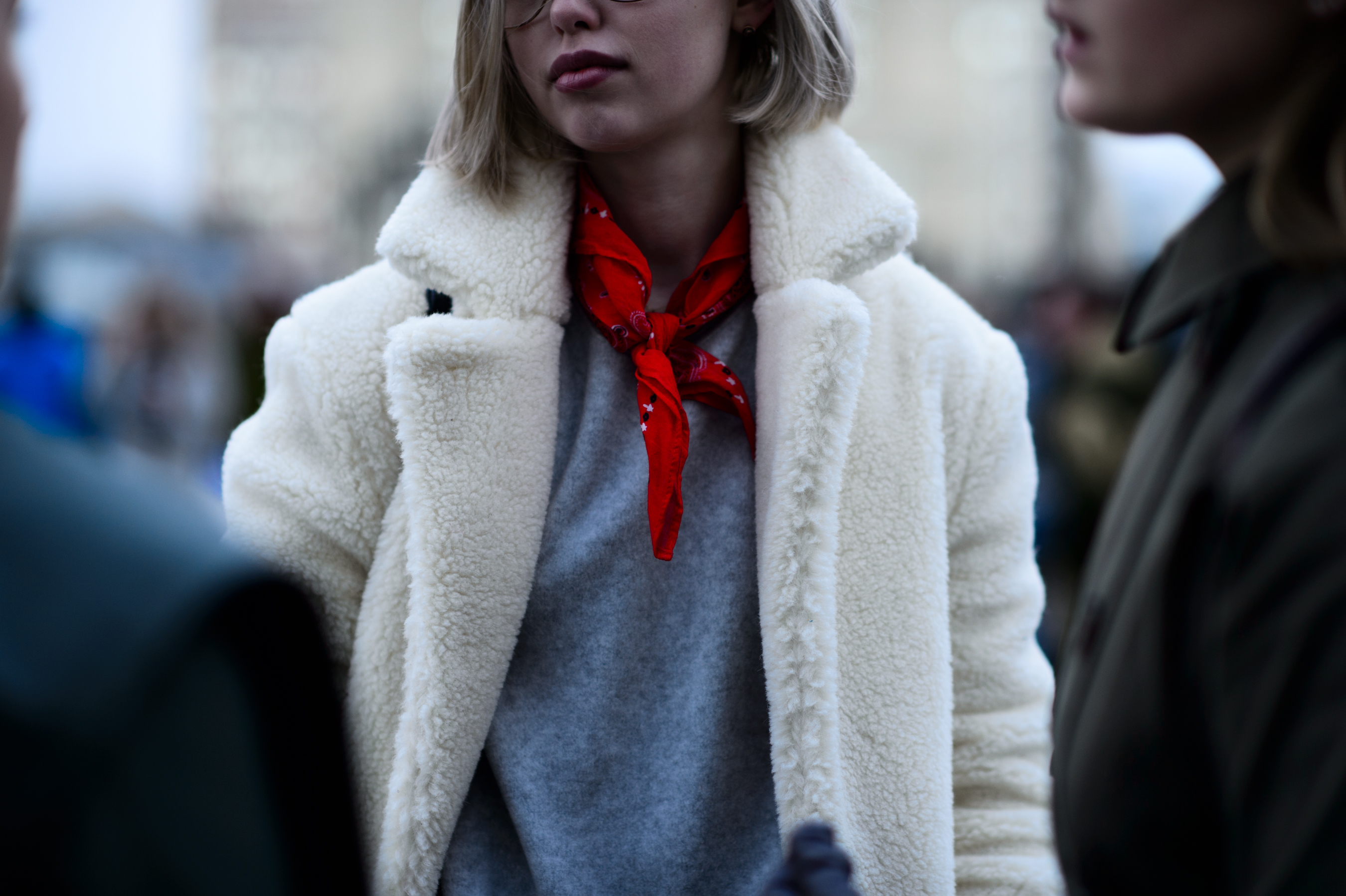 Russian blogger wearing white warm coat