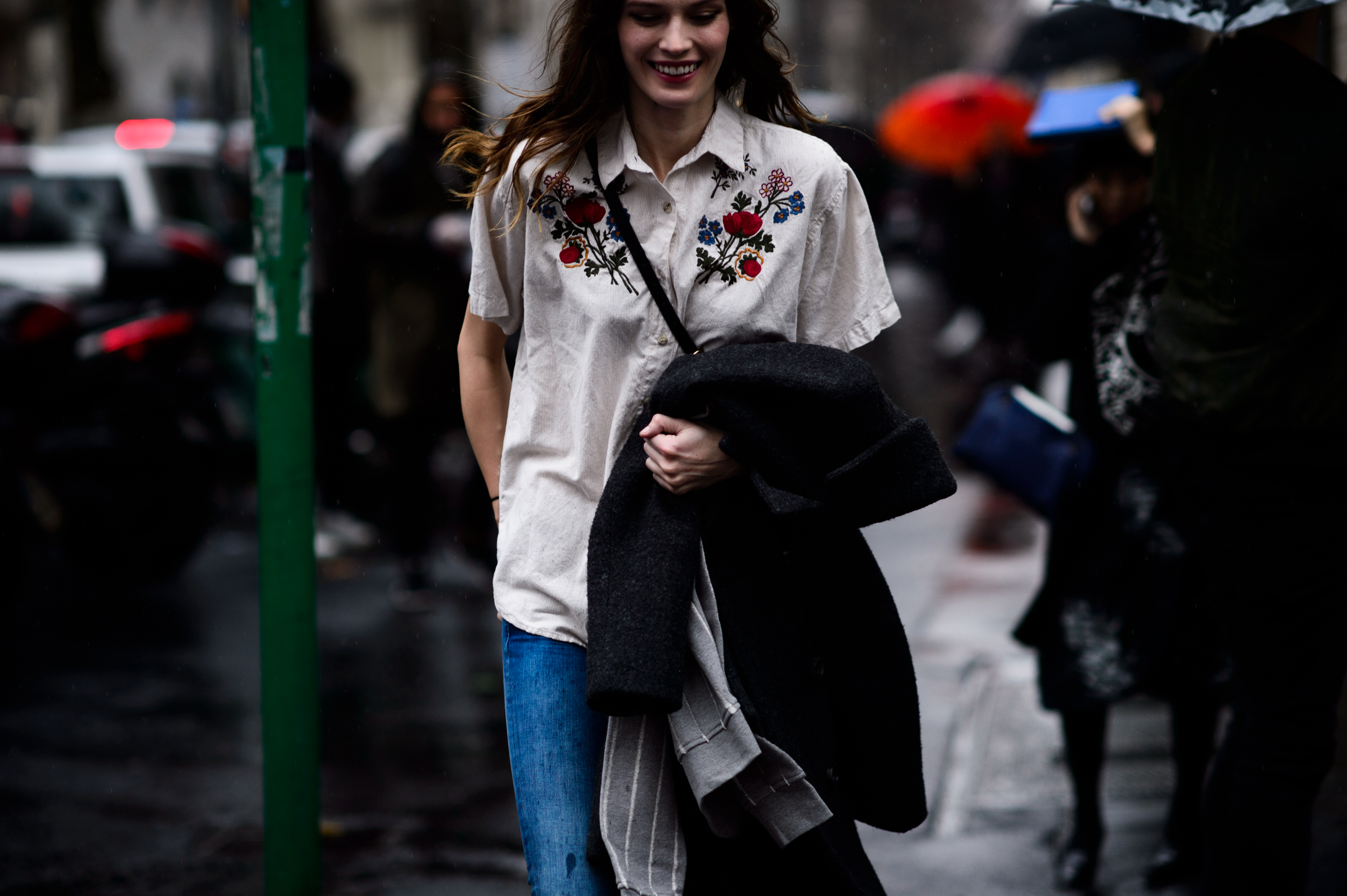 Model wearing flower embroidered vintage shirt