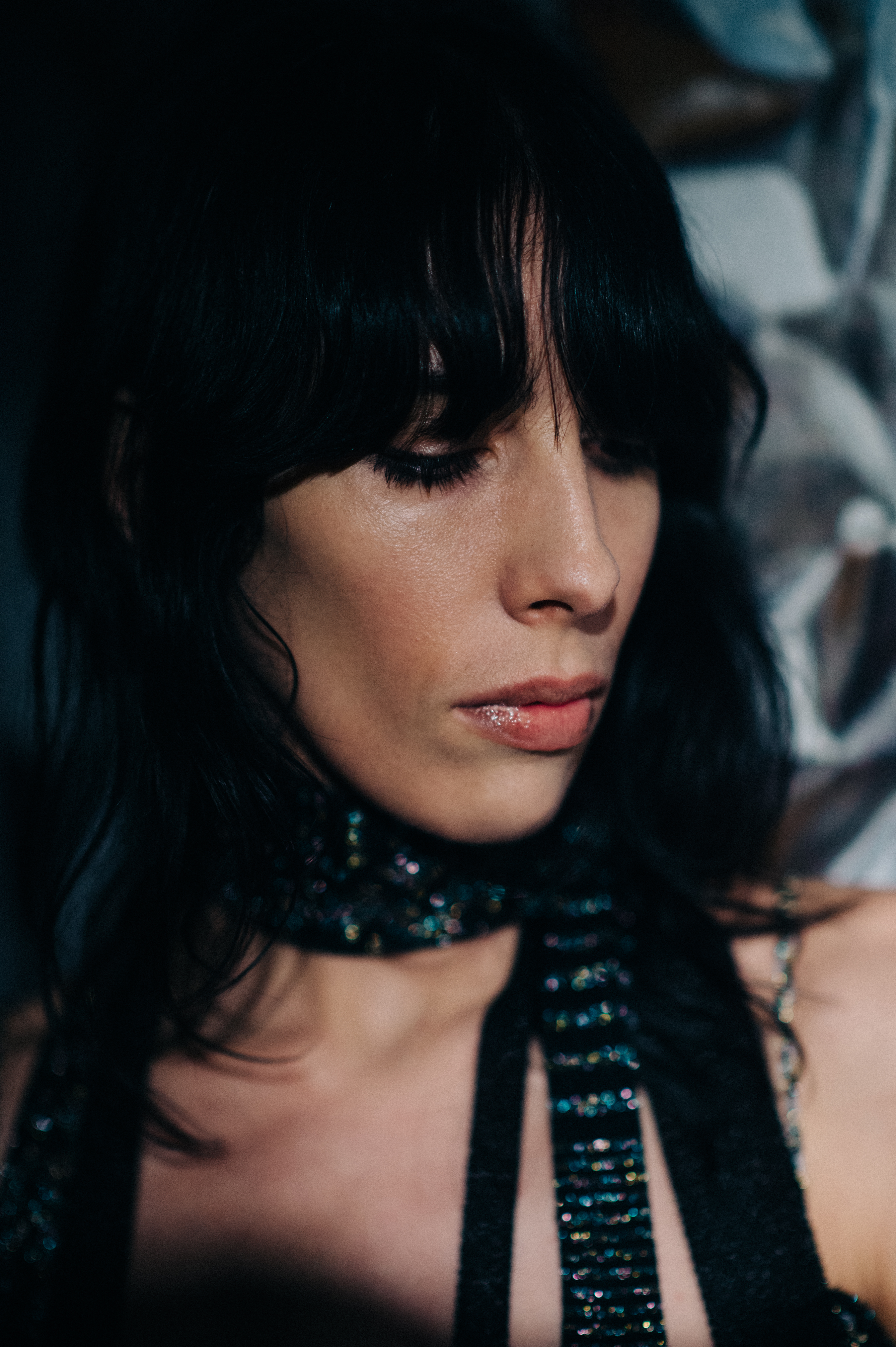 Side portrait of a model black hair