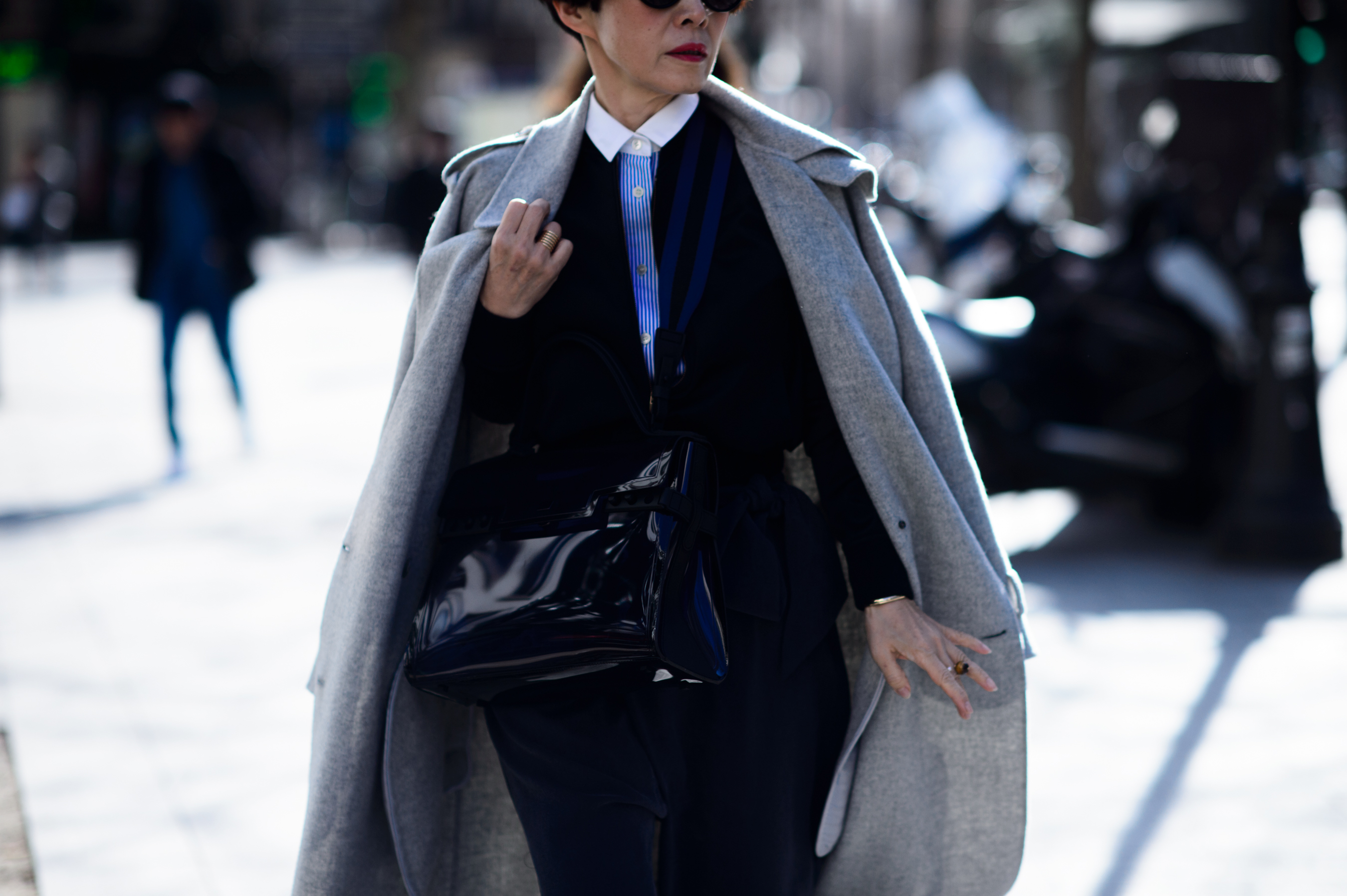 Woman wearing grey wool coat