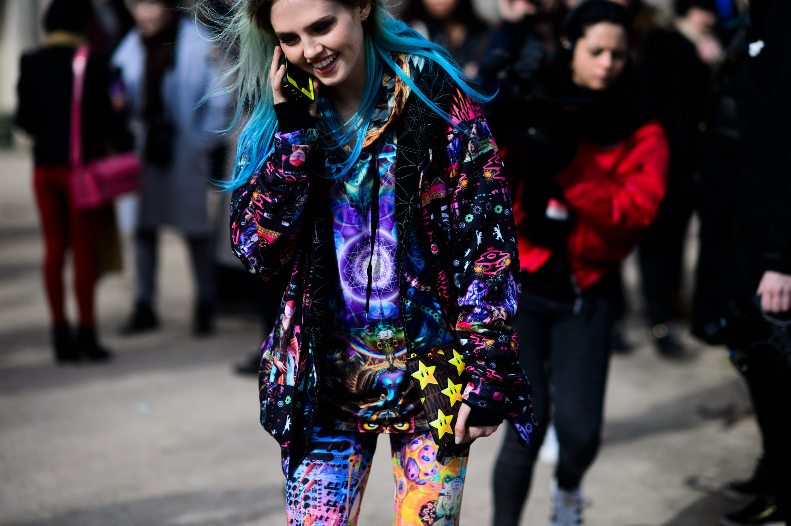 Model wearing colorful outfit