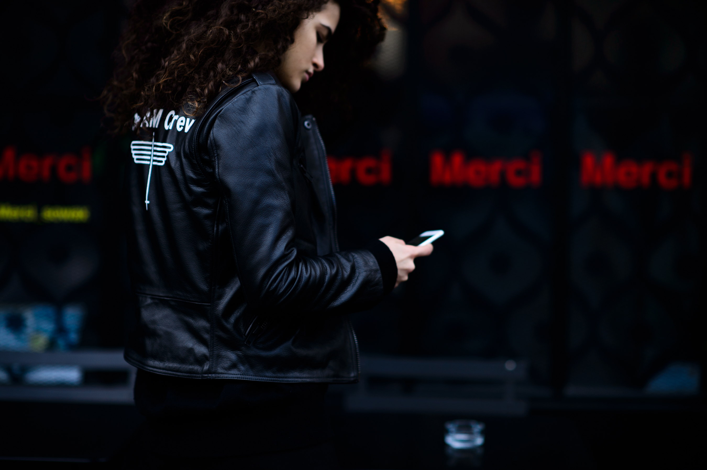 Italian model wearing black leather jacket