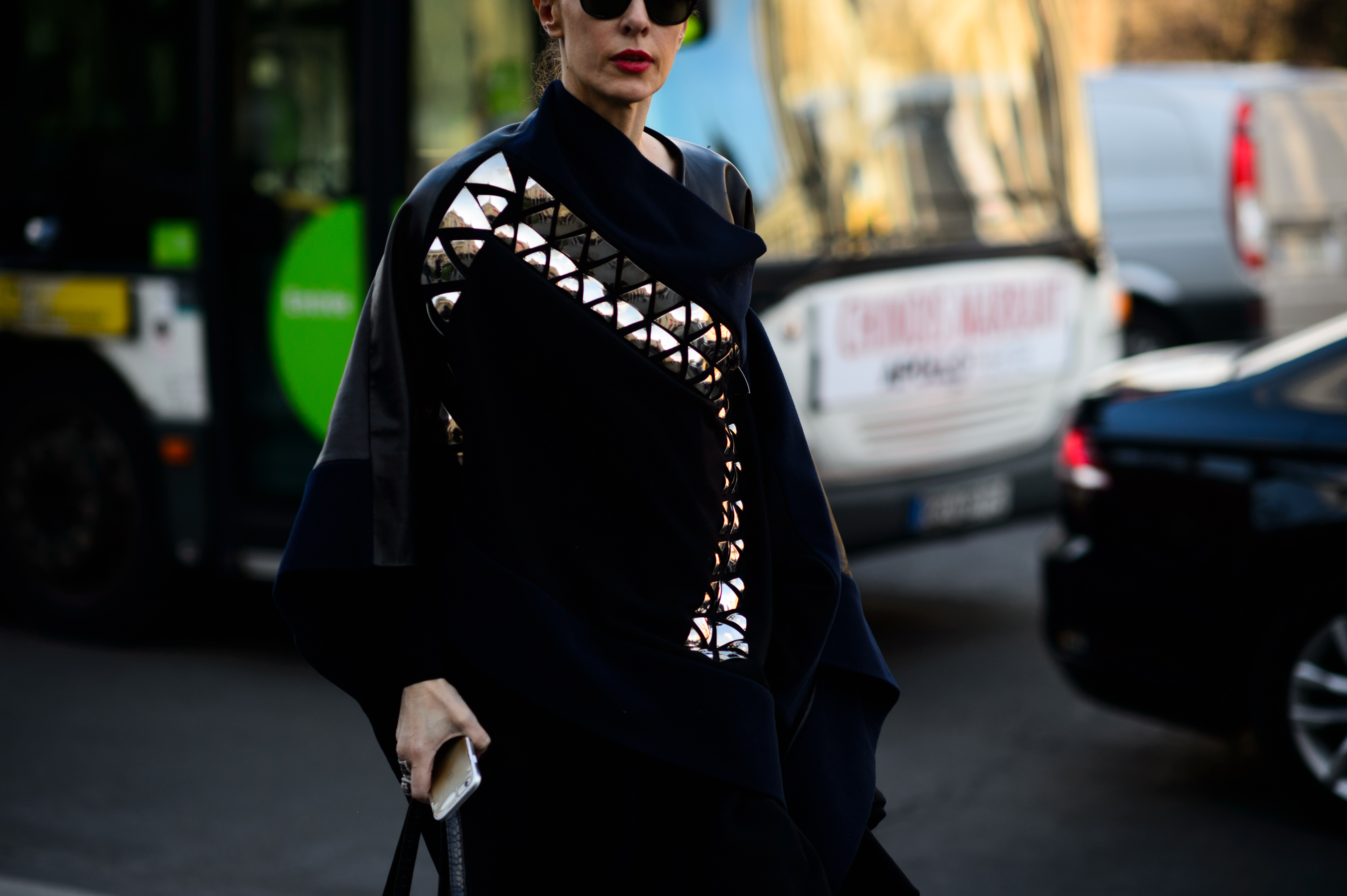 Woman in black and silver dress
