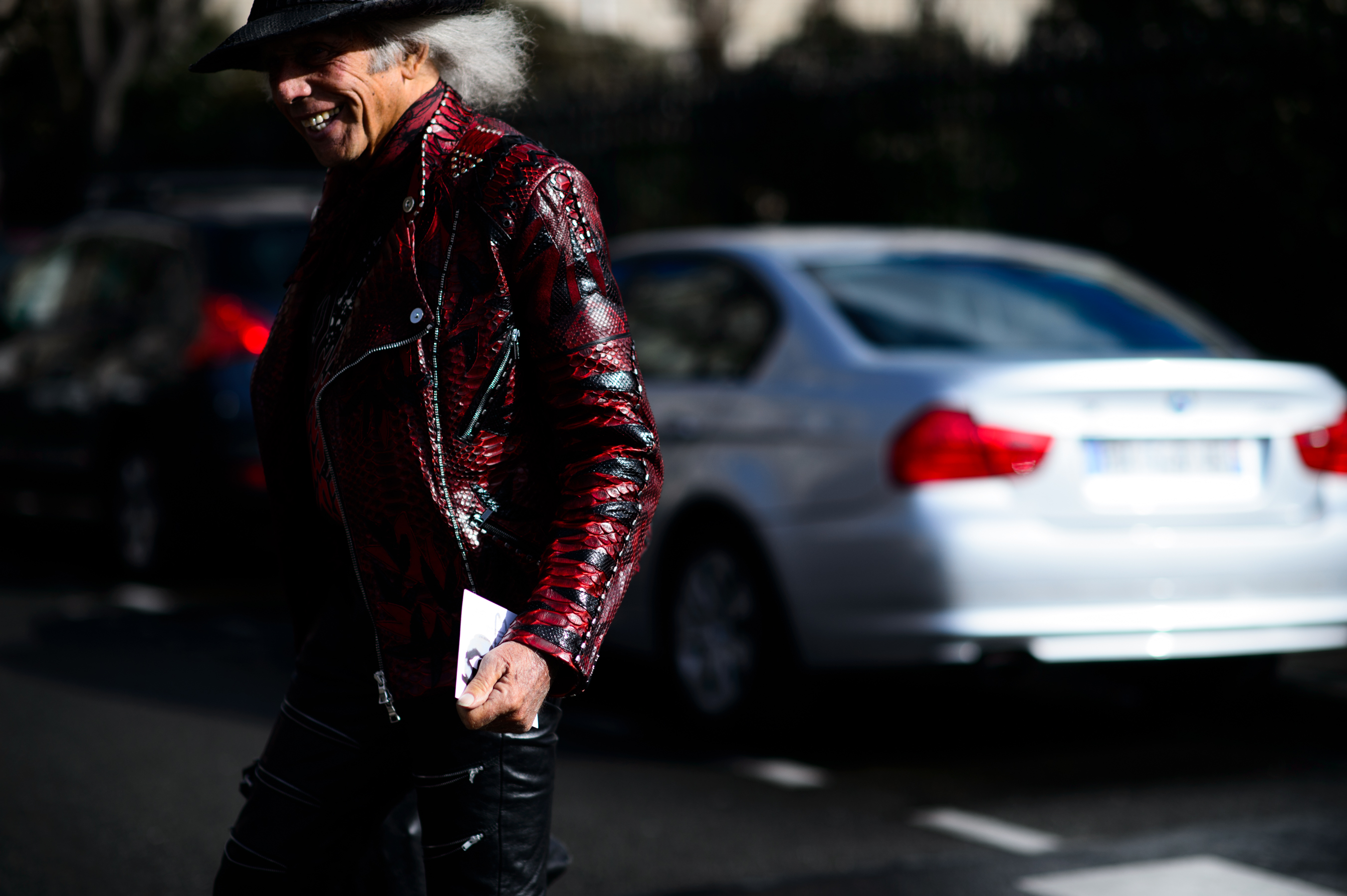 Man wearing snakeskin leather jacket