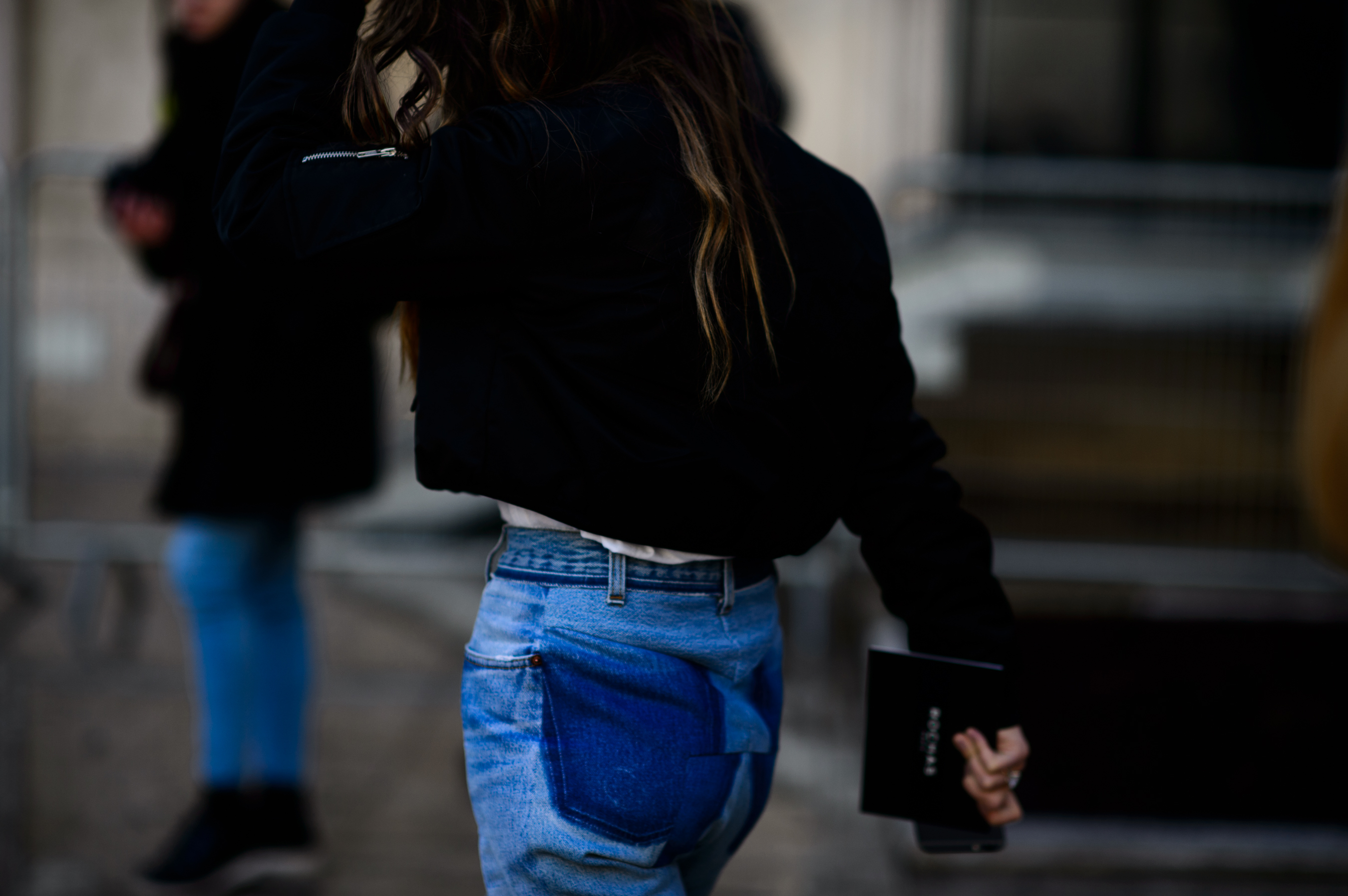 Russian editor wearing deconstructed denim jeans