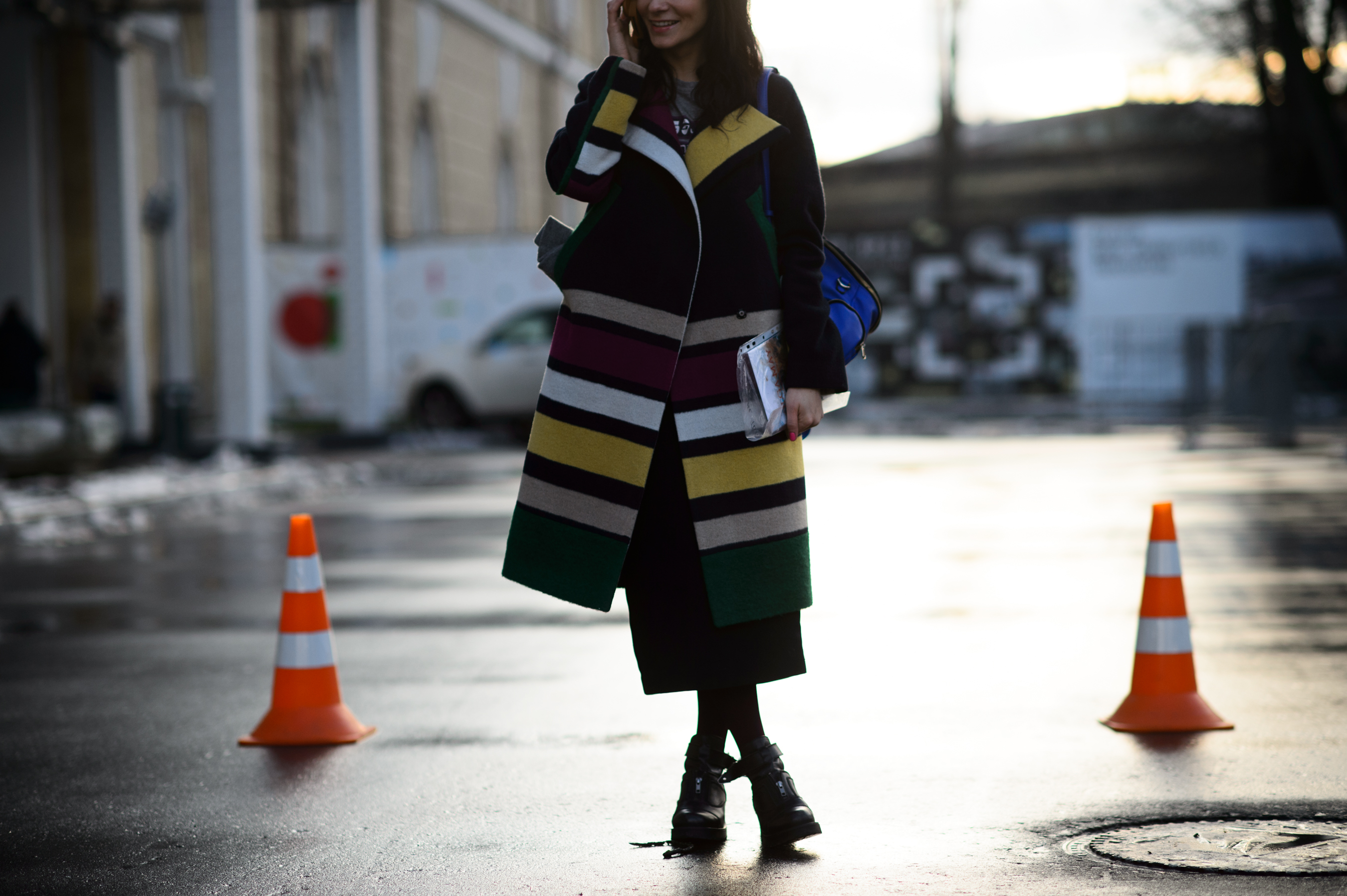 Woman wearing coloful coat