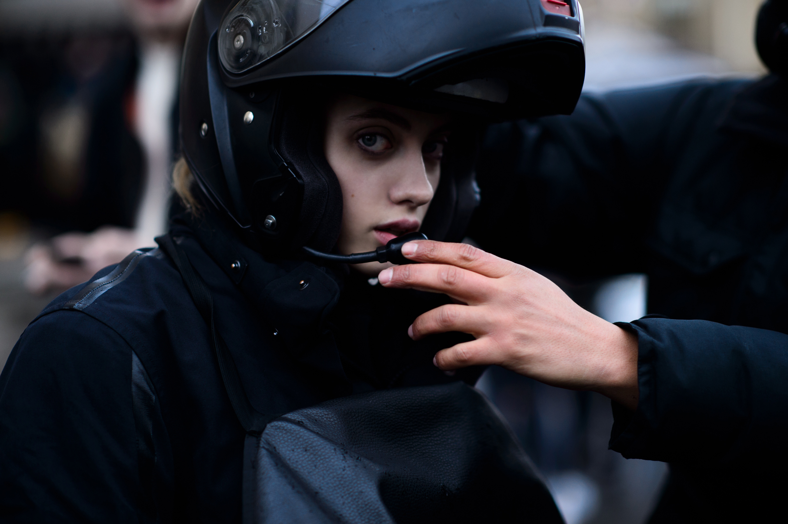 Russian model having helmet fitted