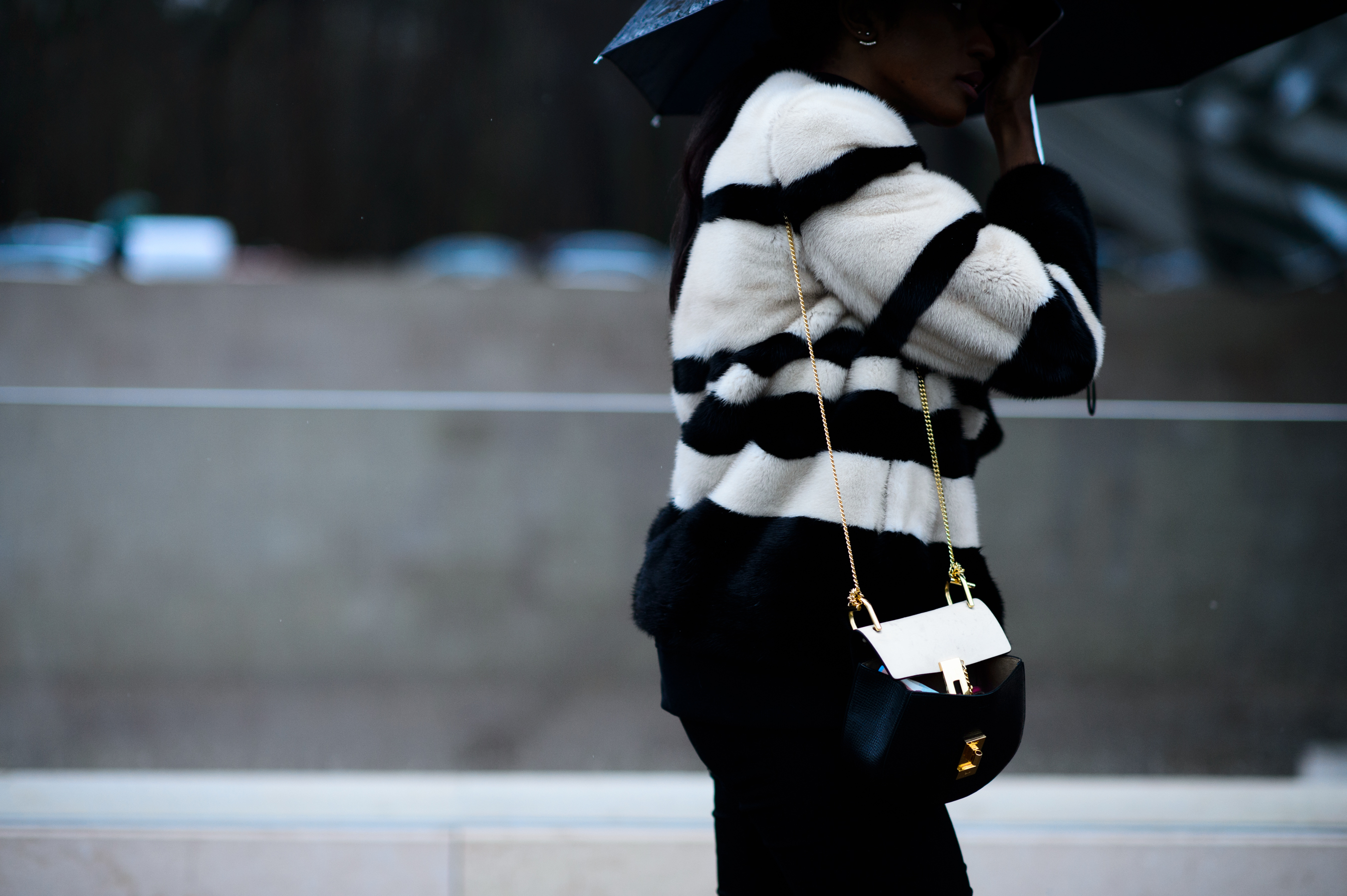 Woman wearing black and white striped fur jacket
