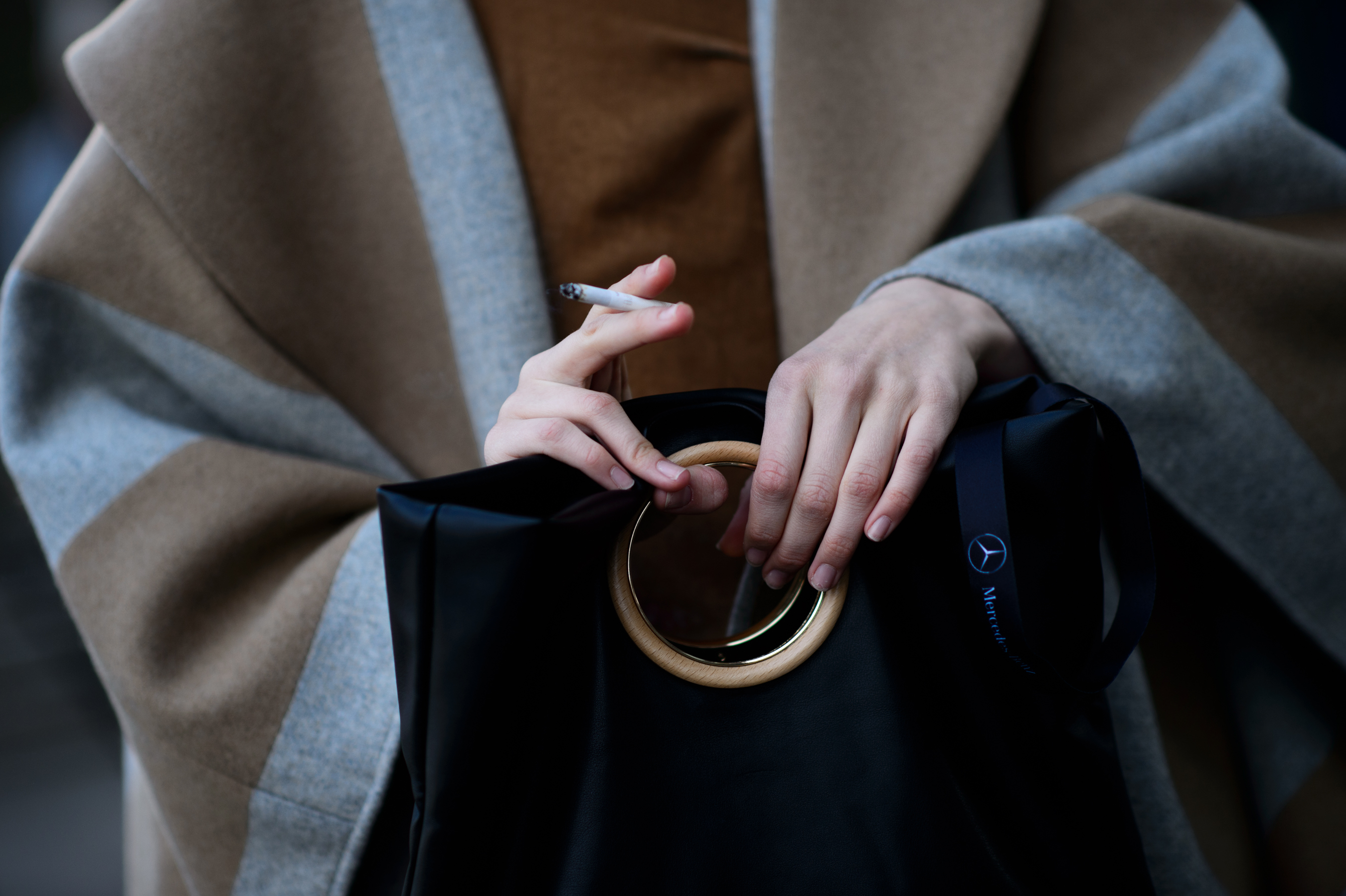 Leather bag with wooden handle