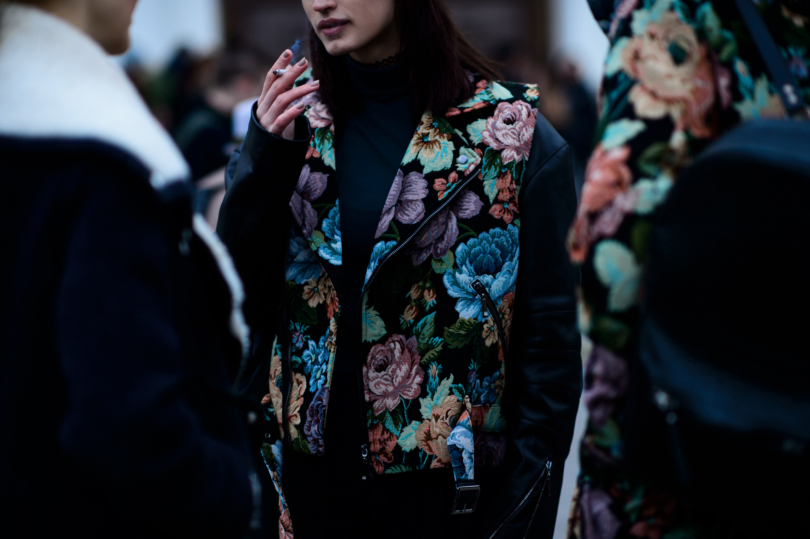 Russian model wearing floral jacket