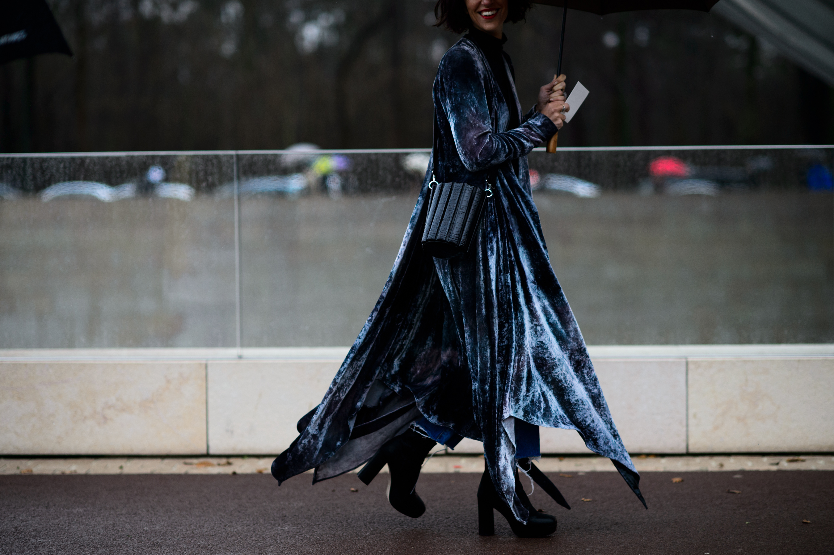 Woman in blue textured dress