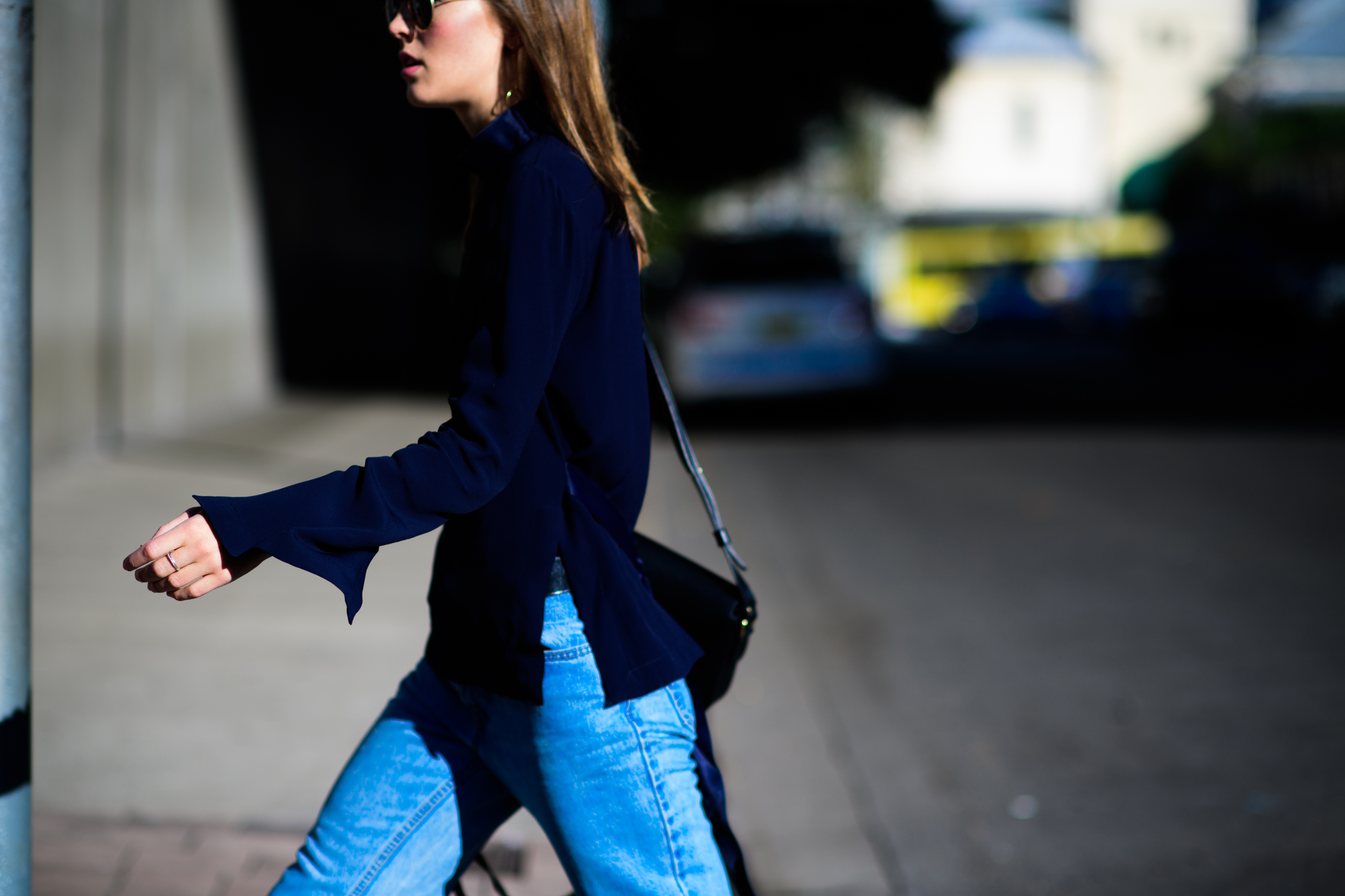 Woman wearing dark blue top