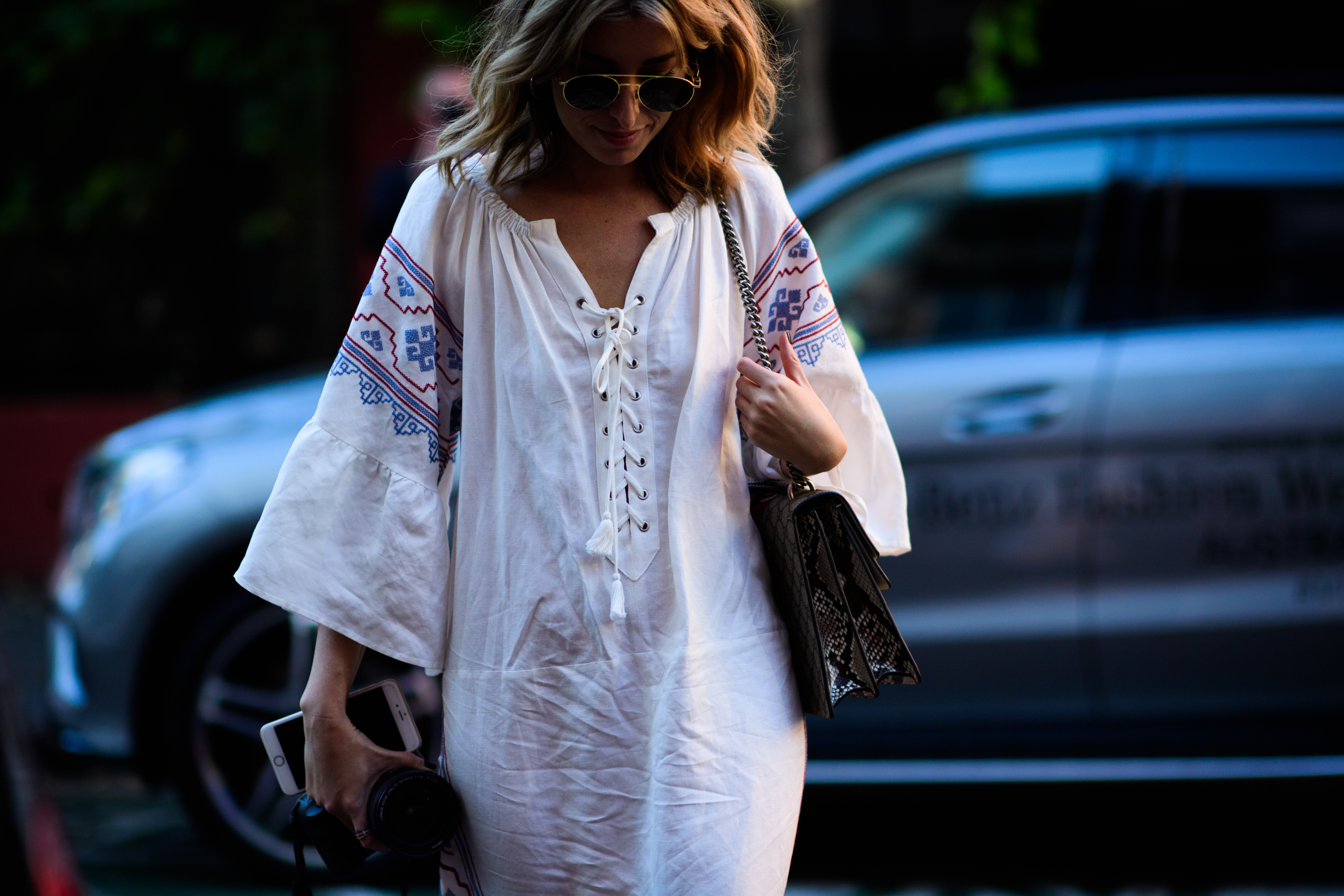 Woman wearing cotton shirt dress