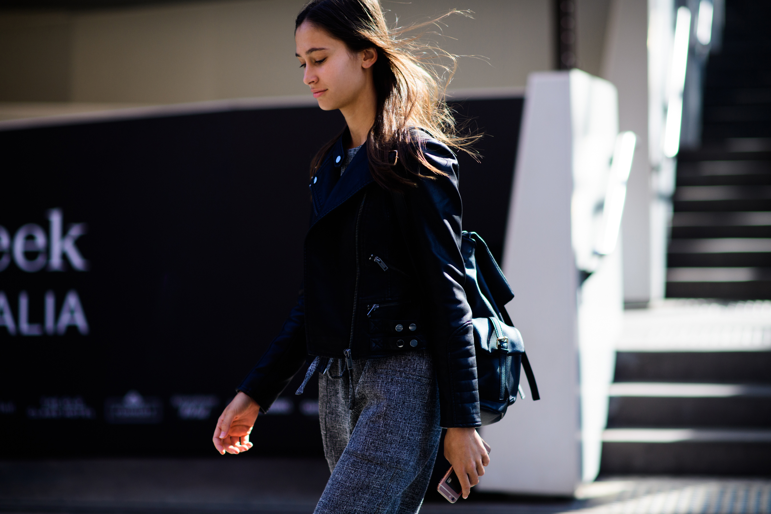 Model wearing black leather jacket