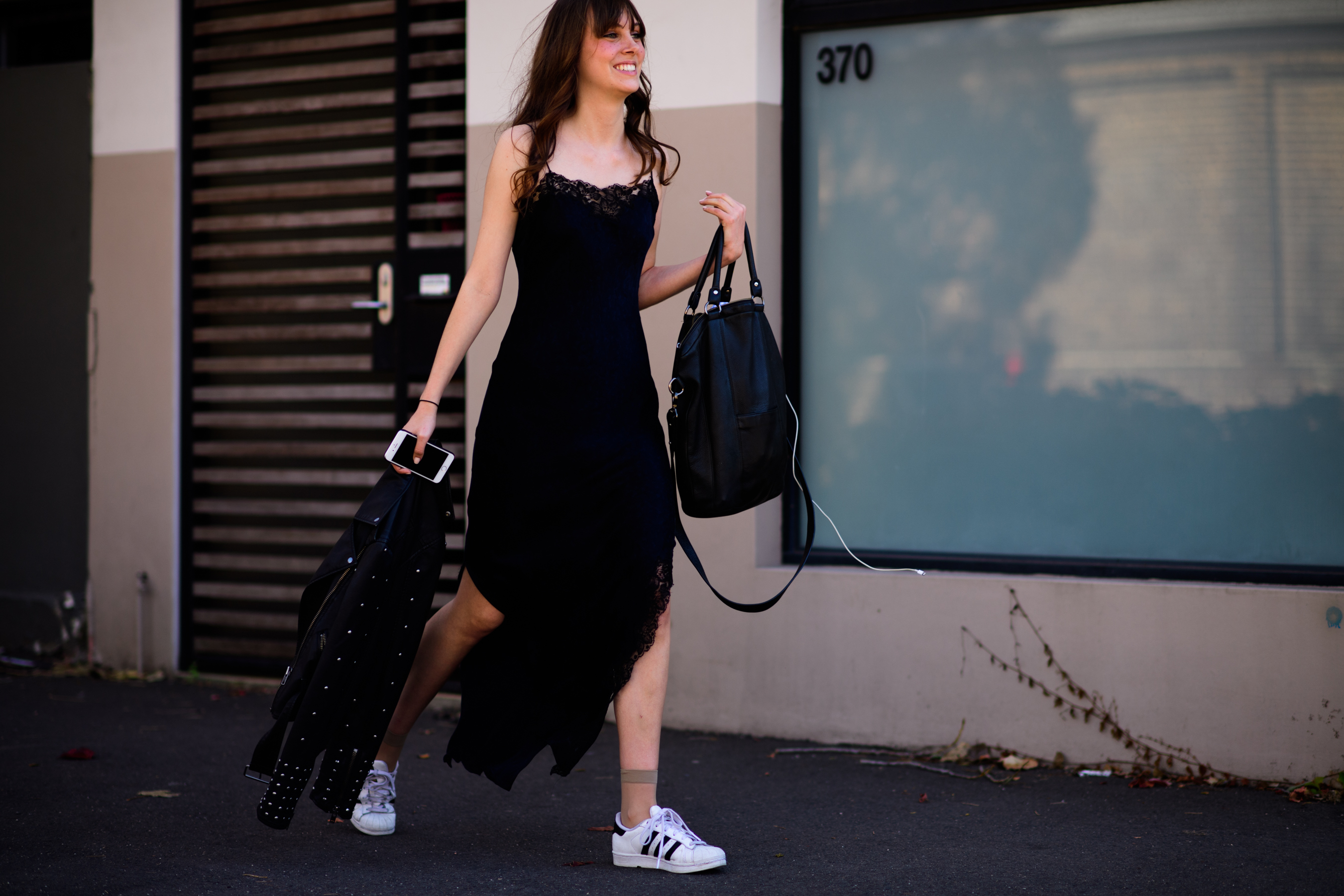 Model wearing long sleeper dress