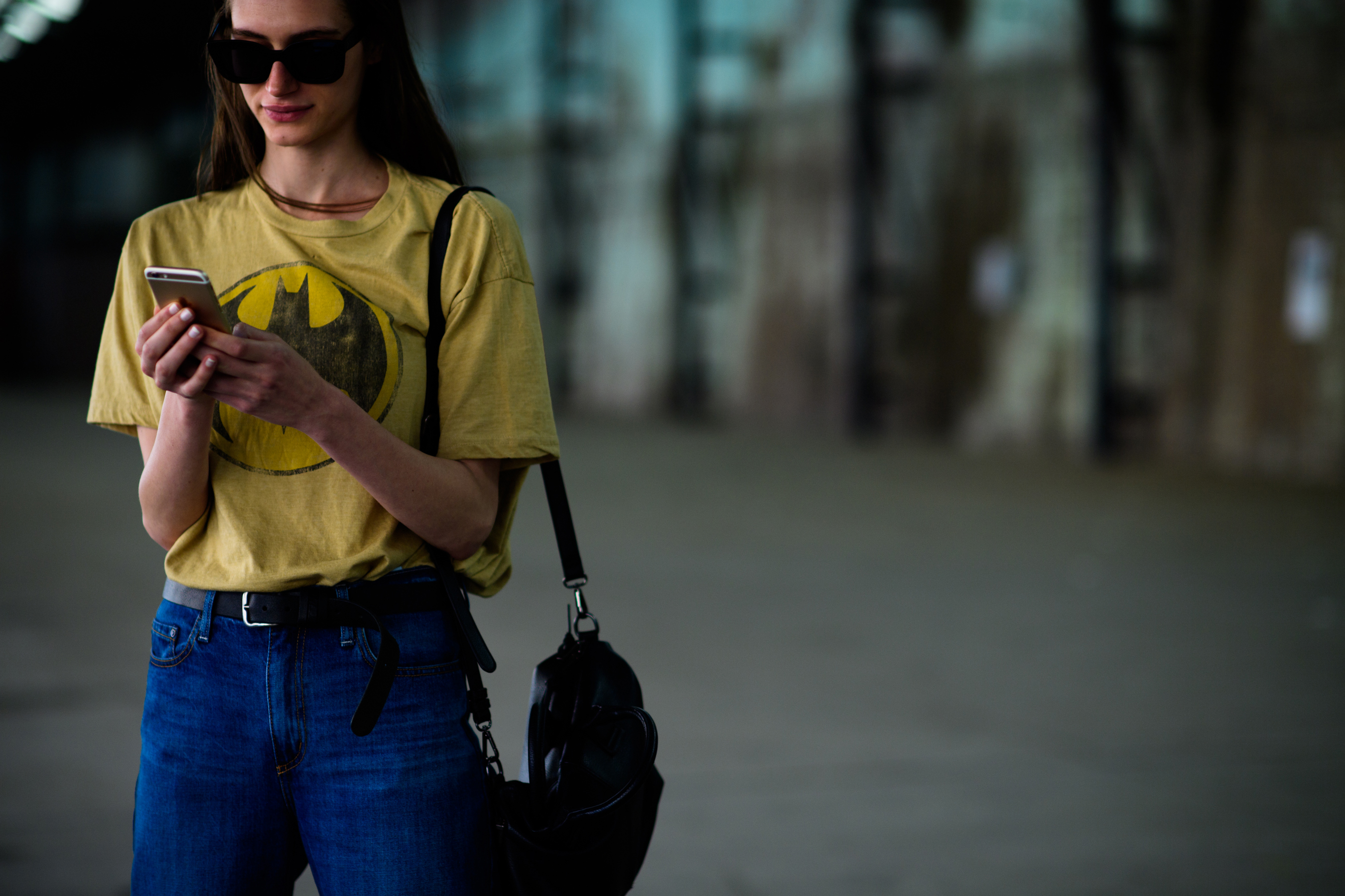 Model wearing vintage Batman t-shirt