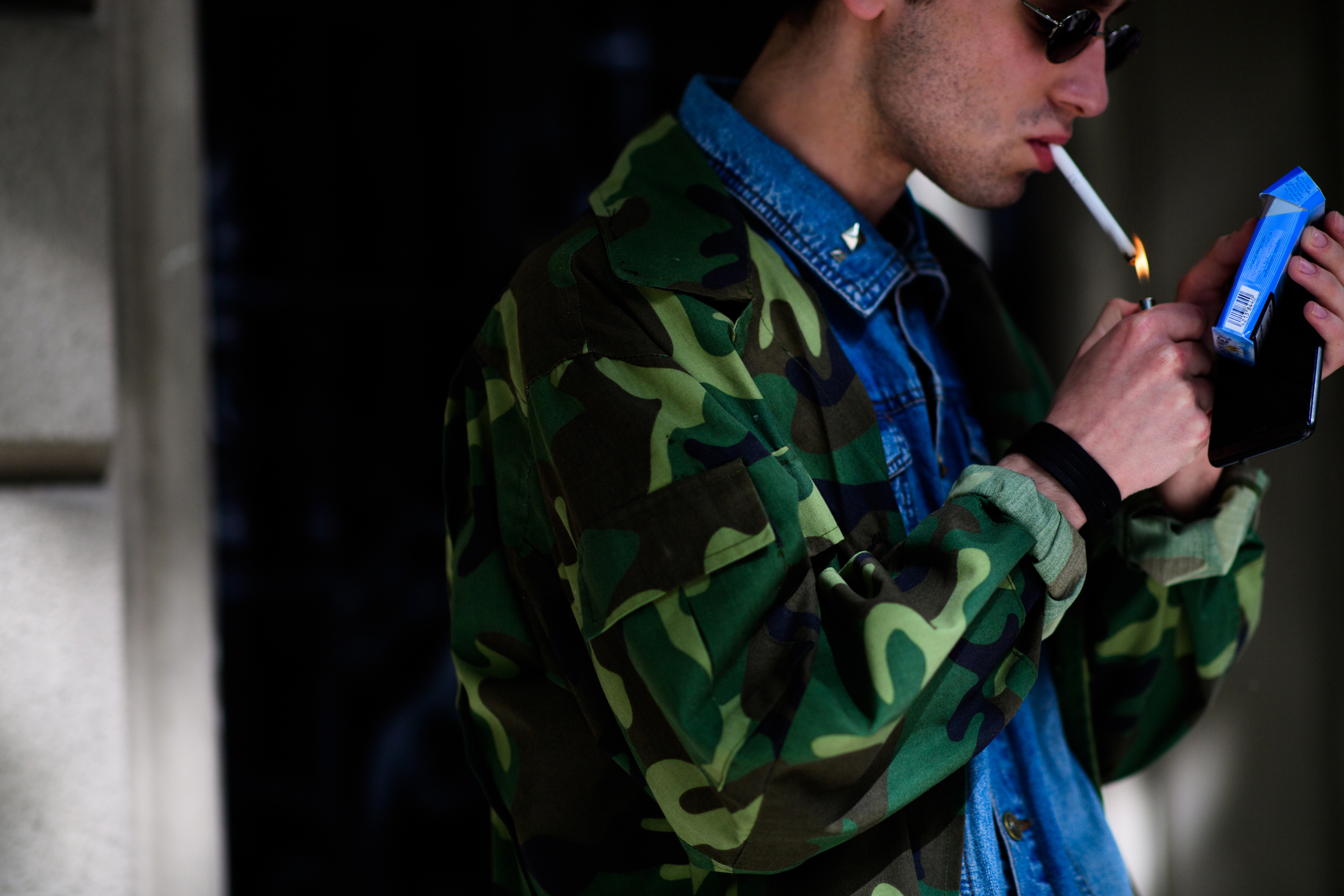 Man in camouflage jacket and denim