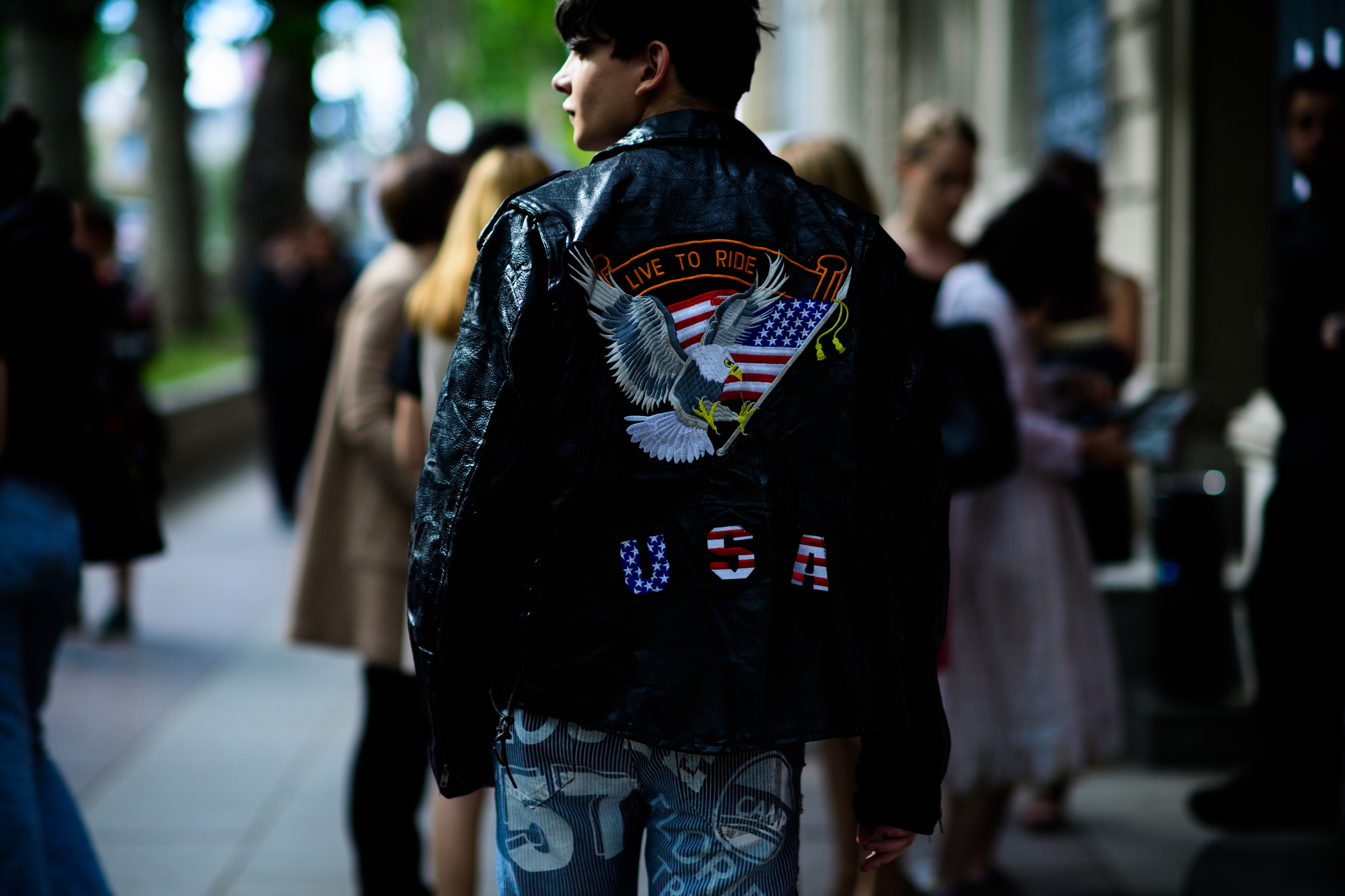 Man wearing USA biker jacket