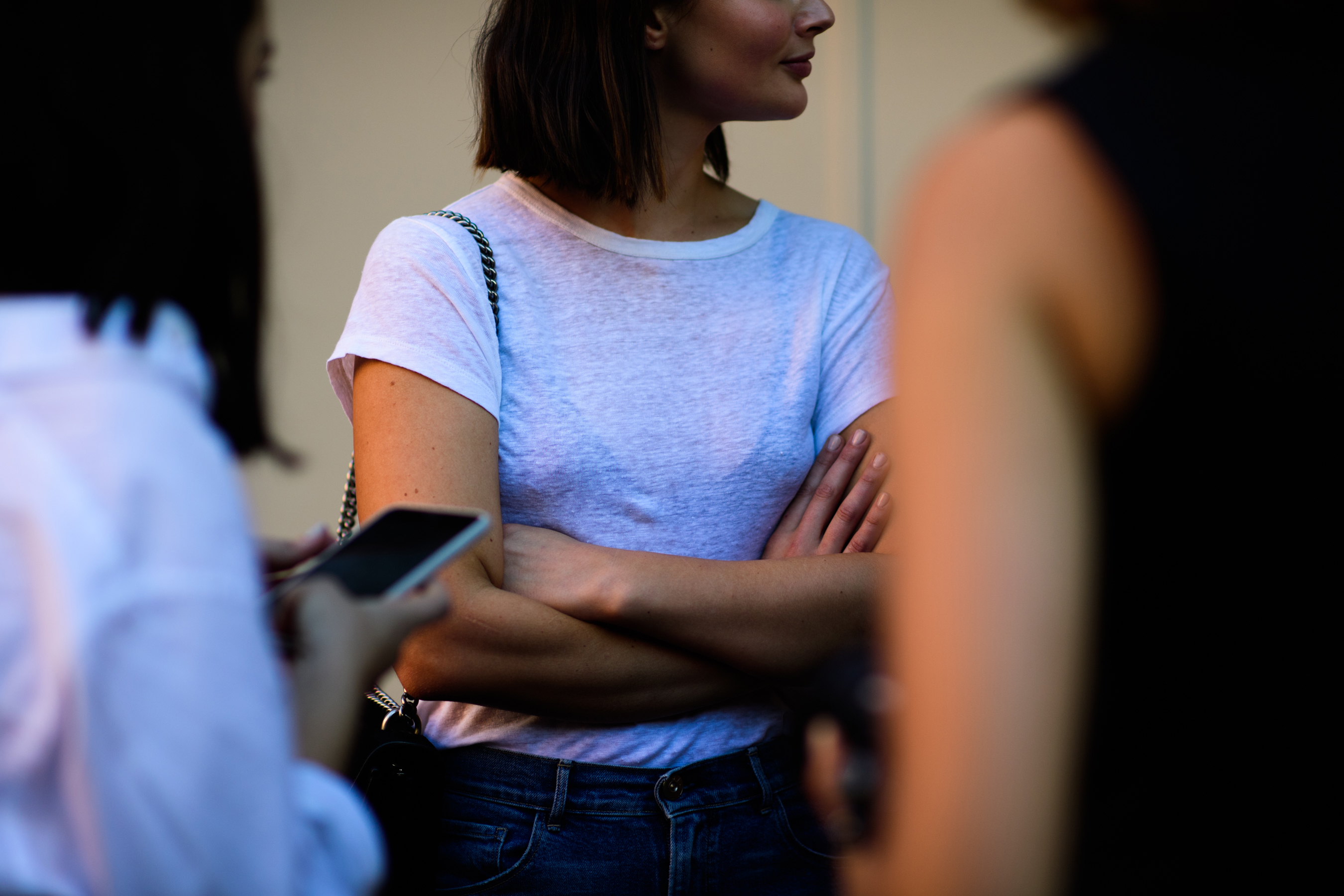 Woman wearing white t-shirt