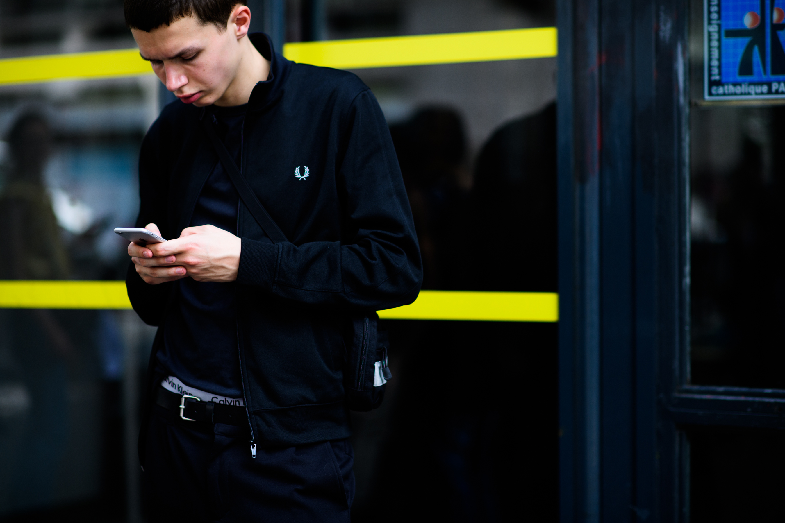A model in a black jacket