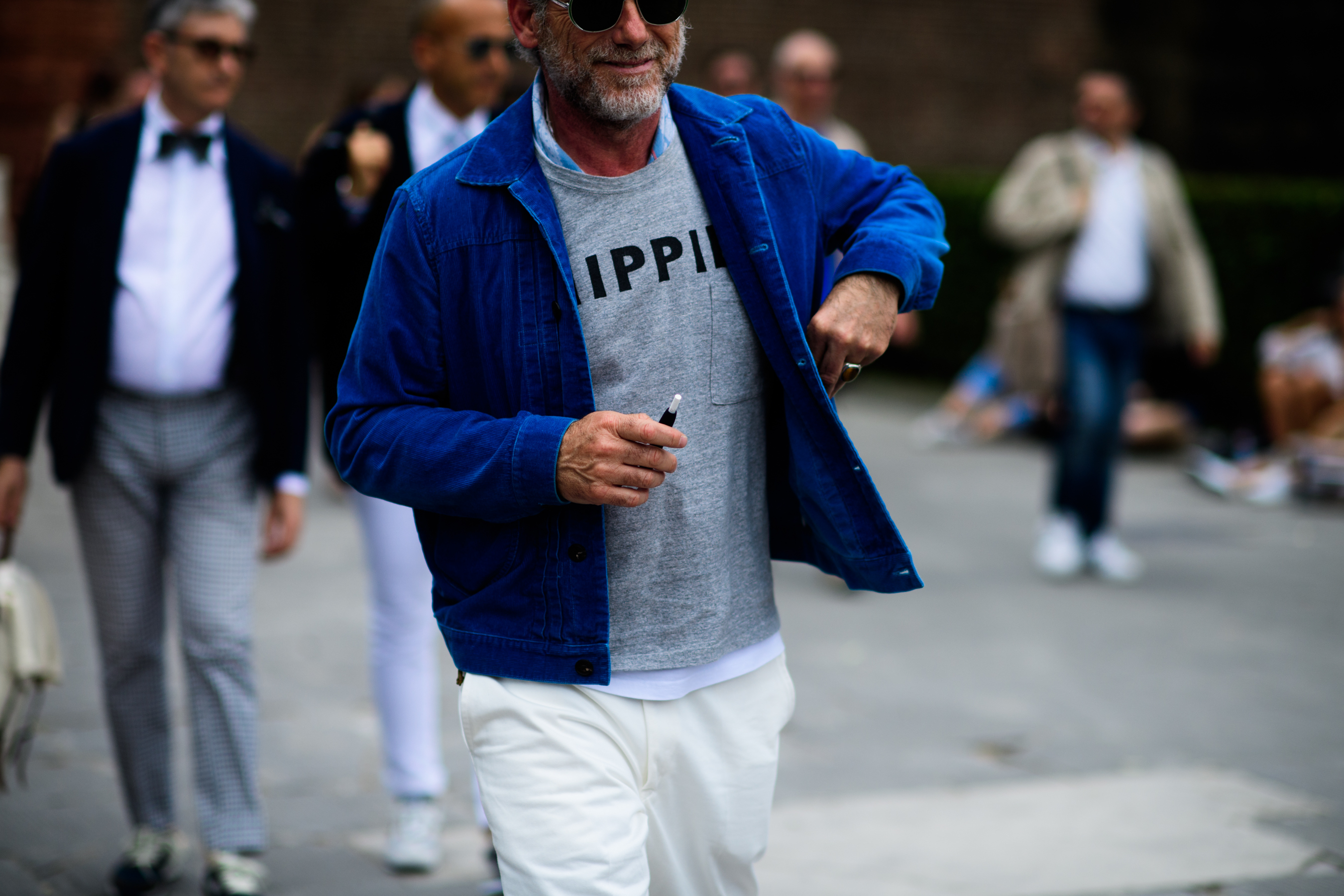 A man in a bright blue jacket