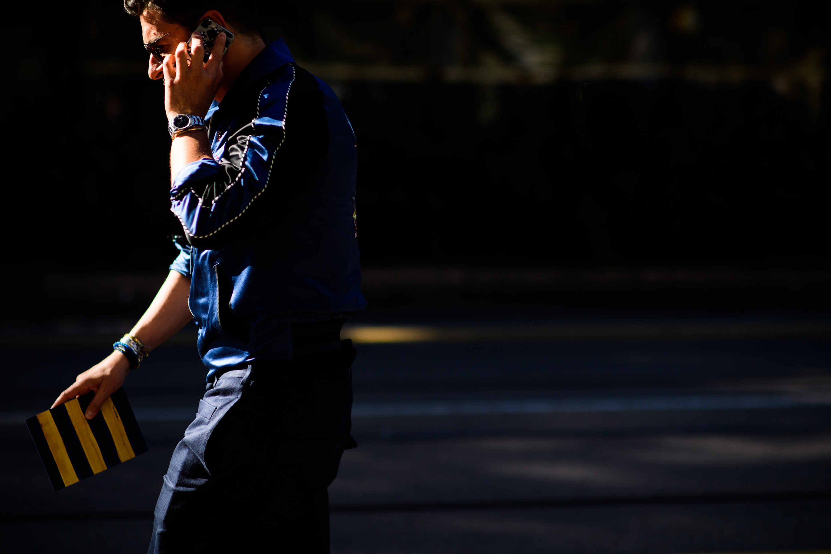 A man in a blue jacket