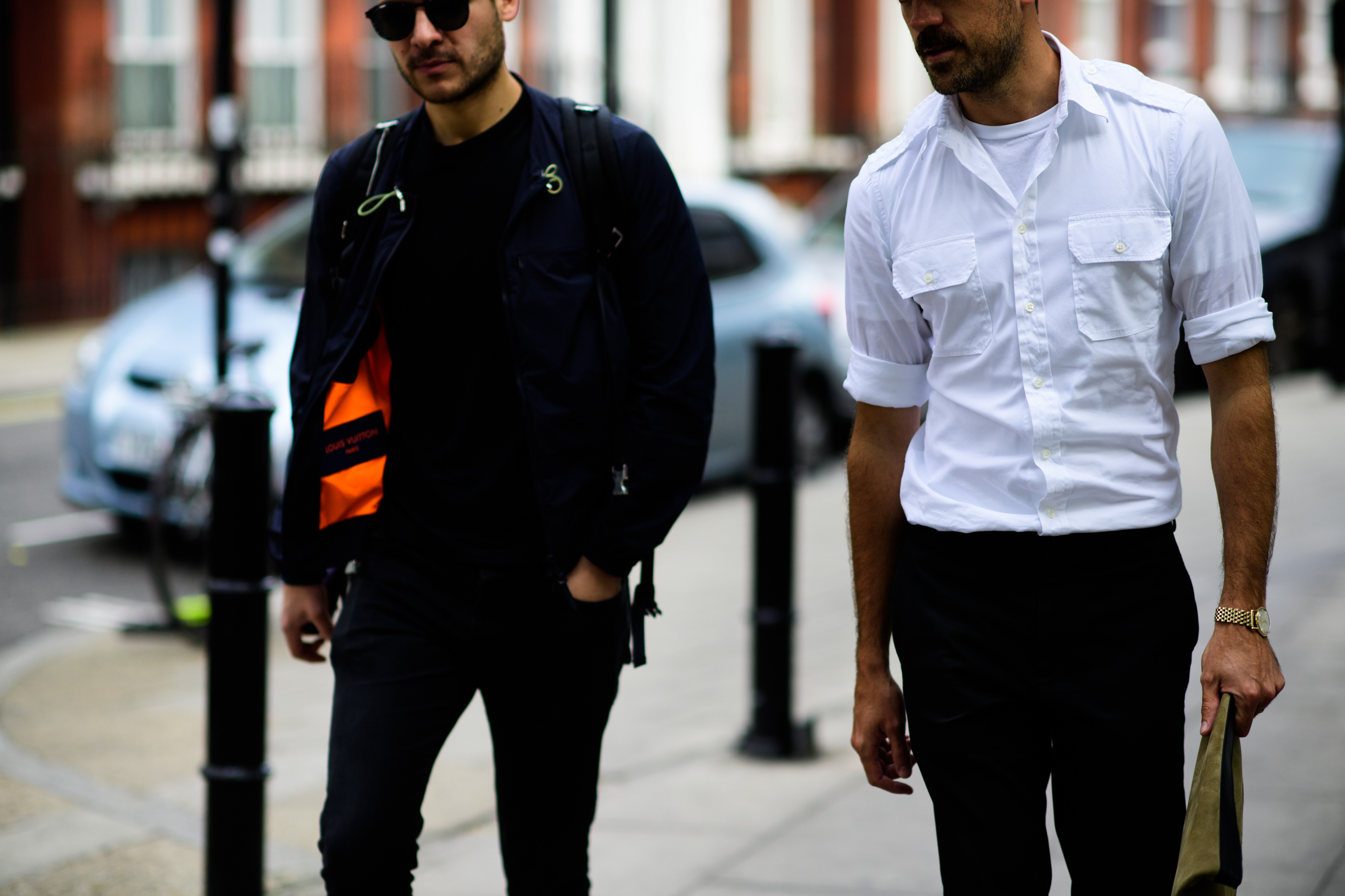 Dark blue jacket, white shirt