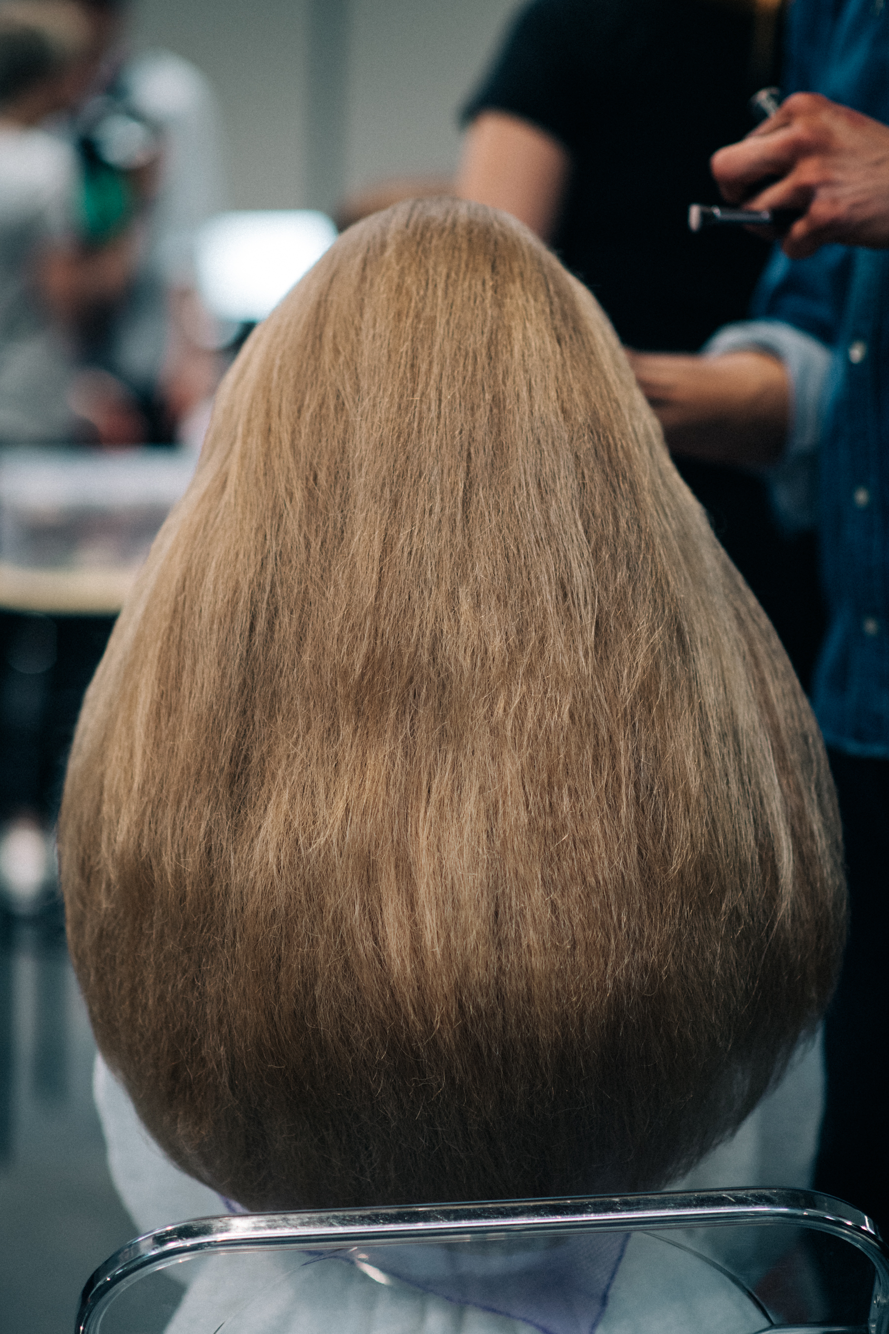 Model`s long blond hair