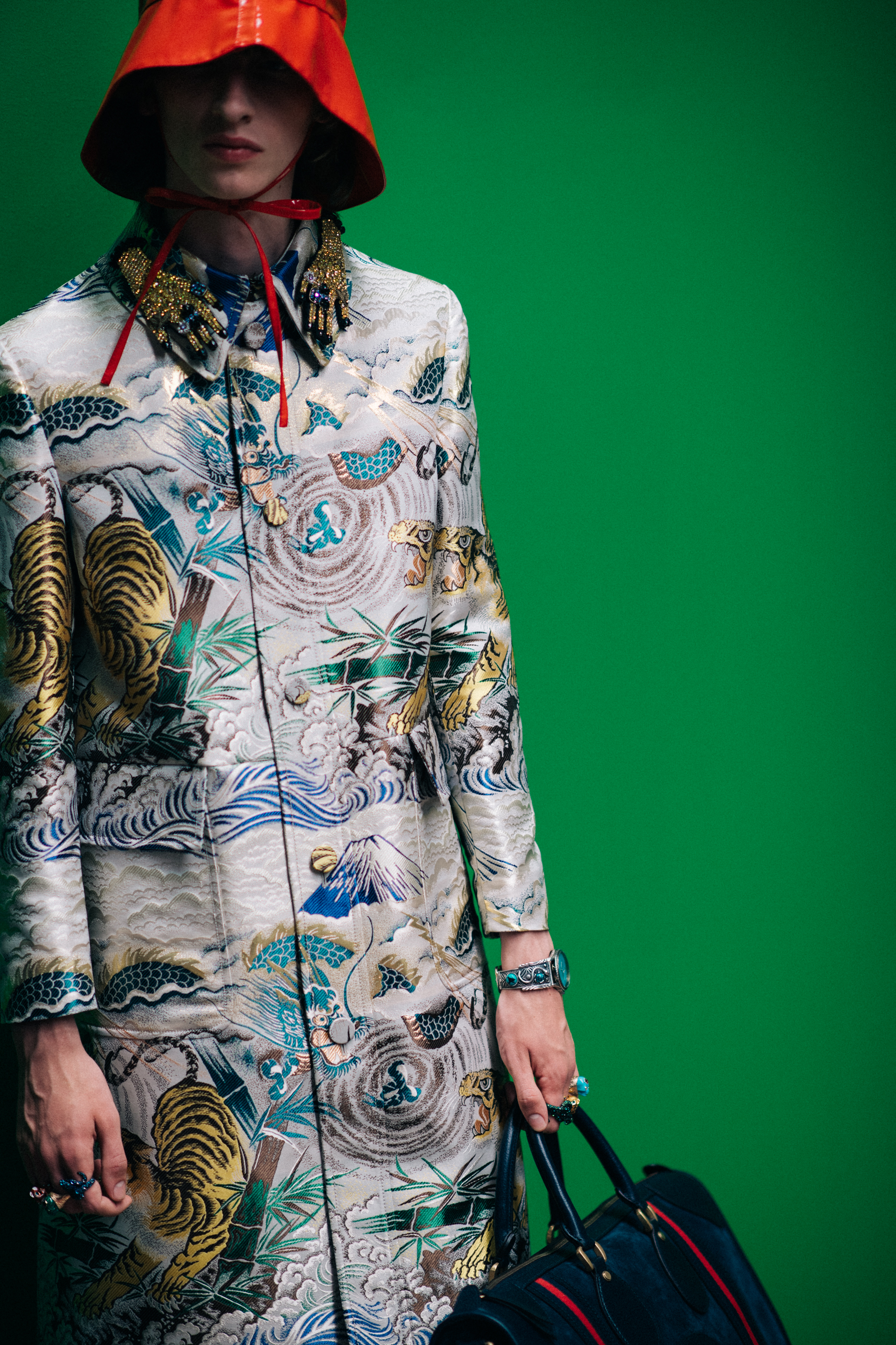 A model in a printed jacket