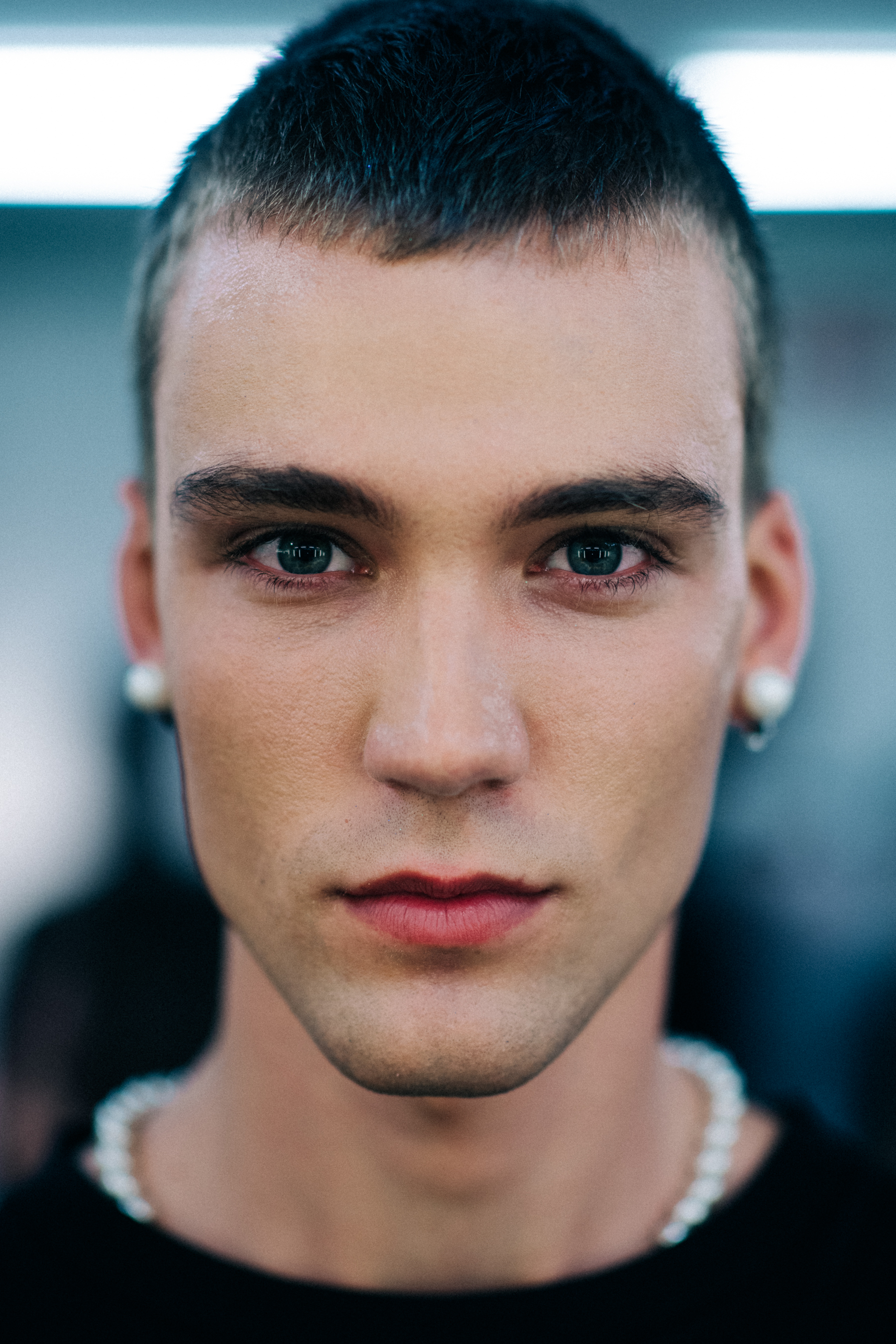 Blond model with green eyes