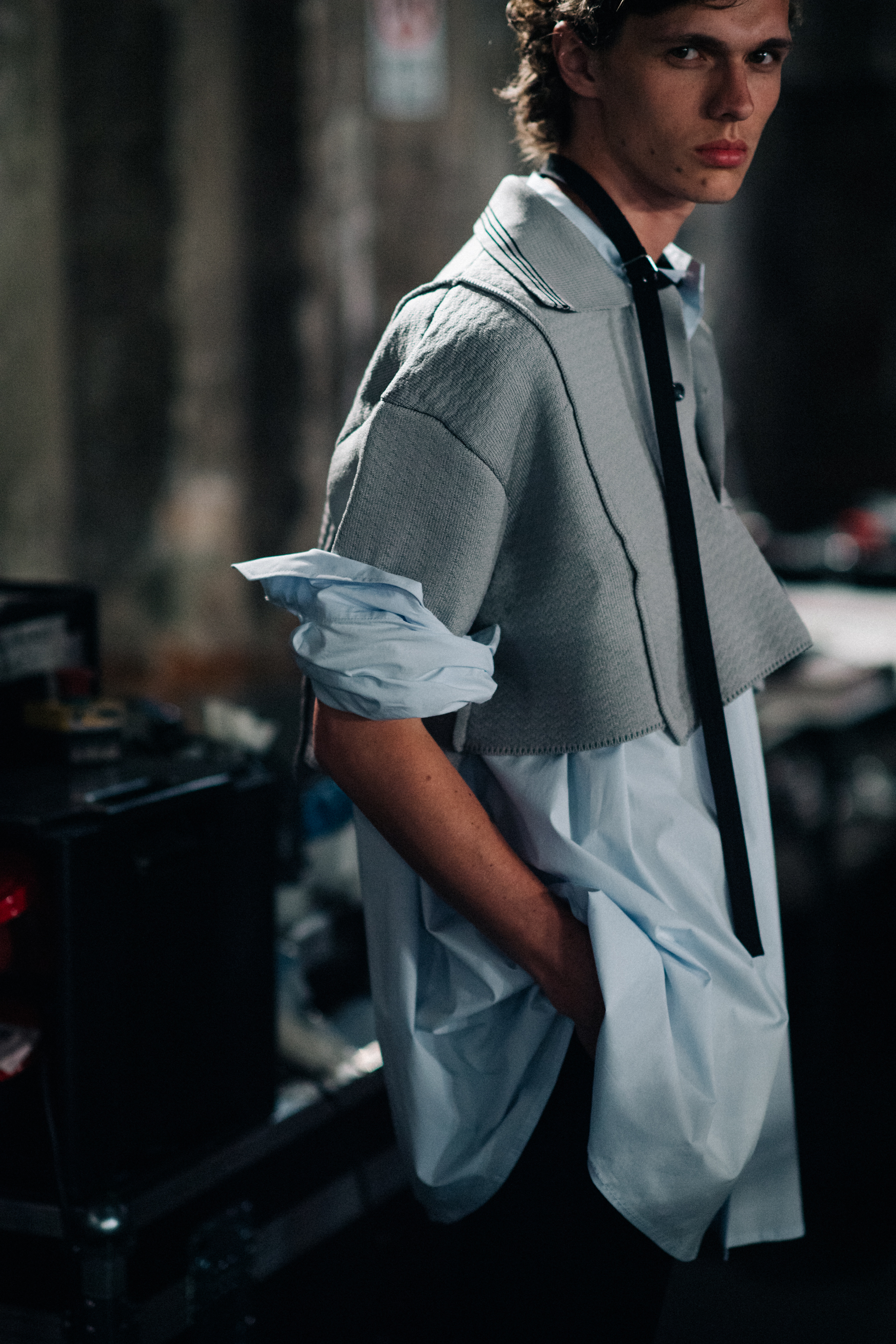 Blue and greay outfit on a model