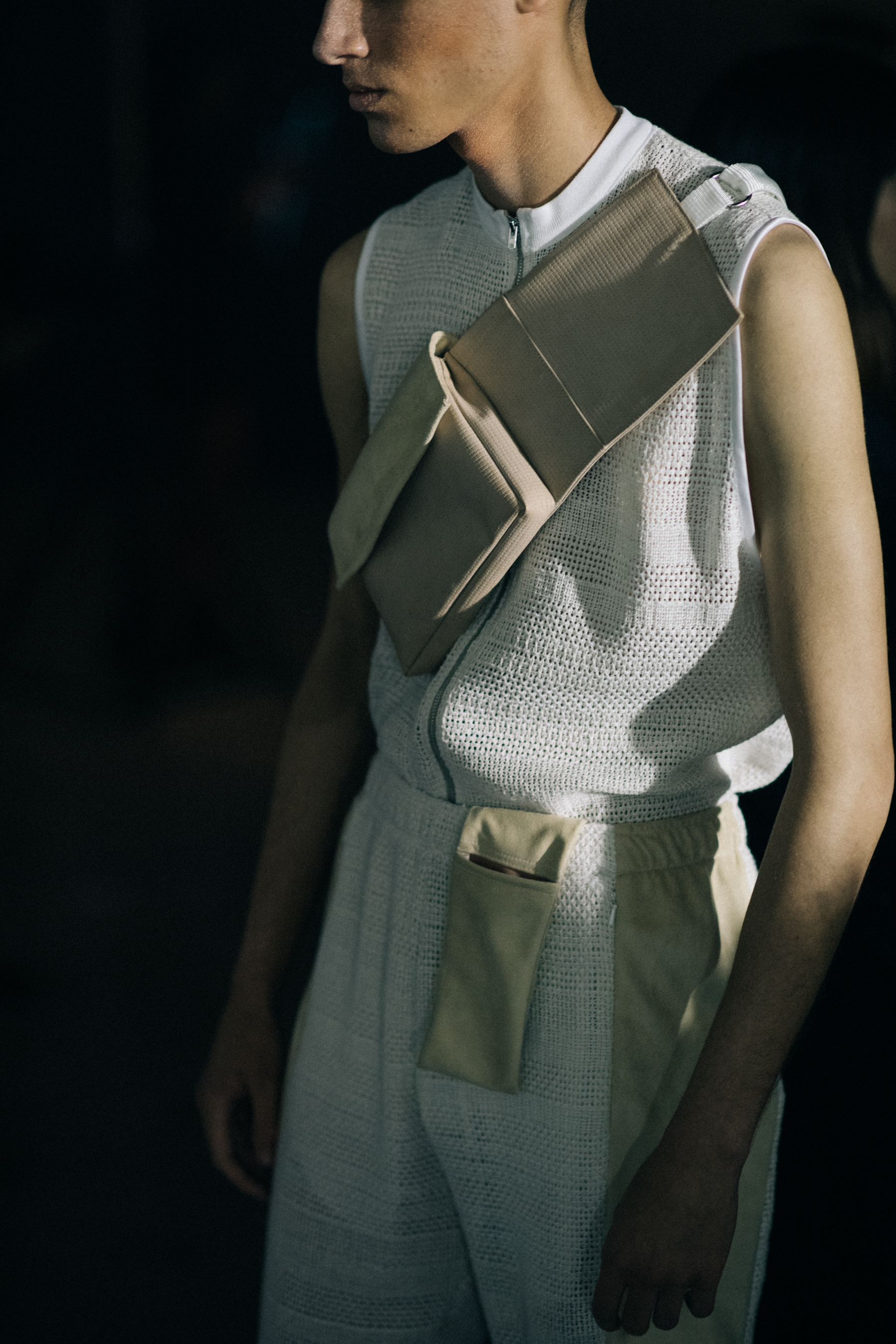 White outfit and beige accessories