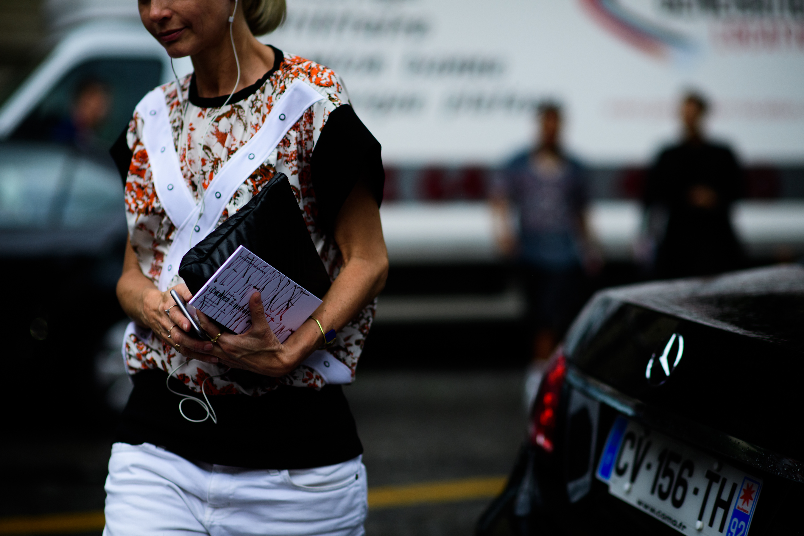 A woman in a printed T-Shirt