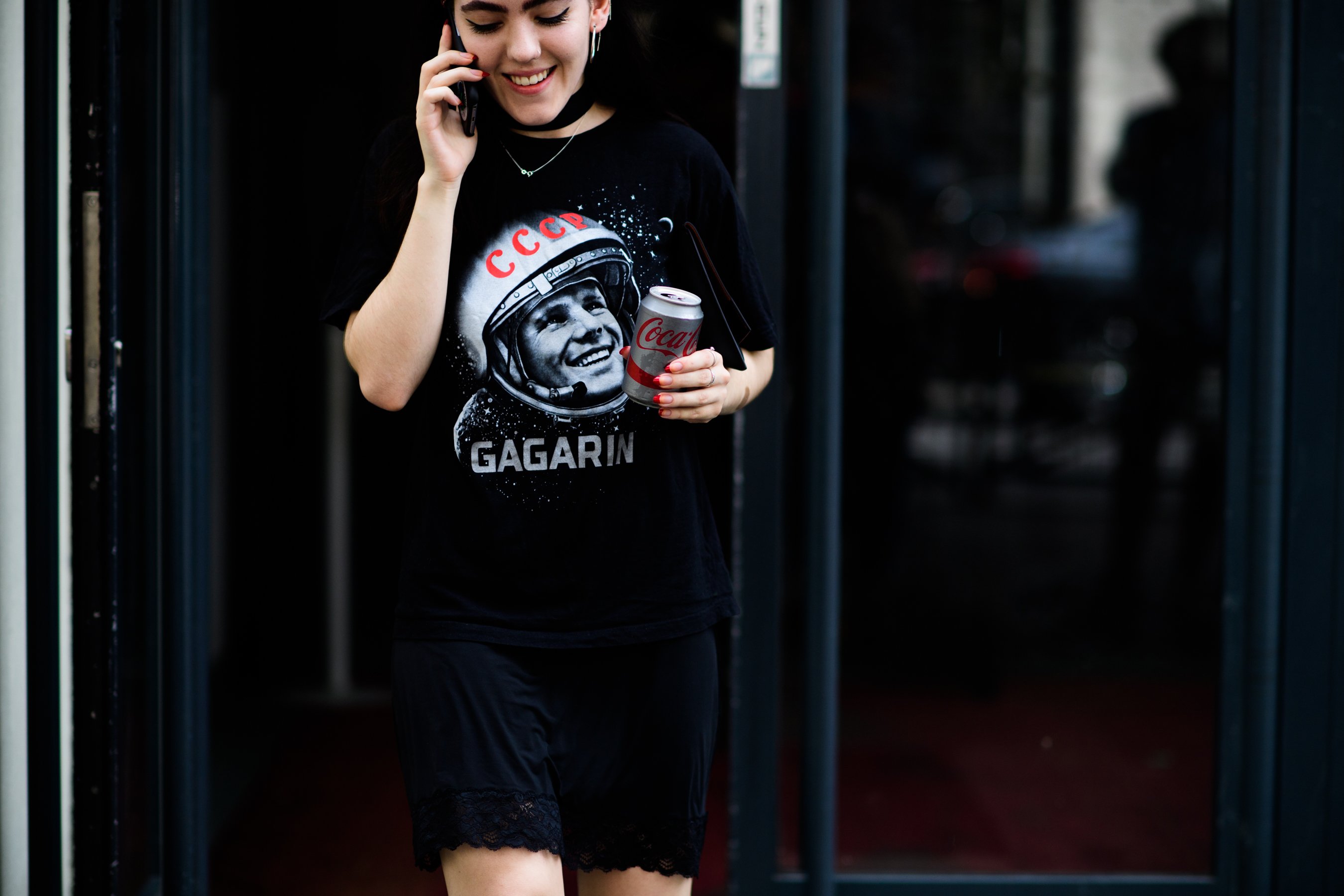 A girl in a printed black dress