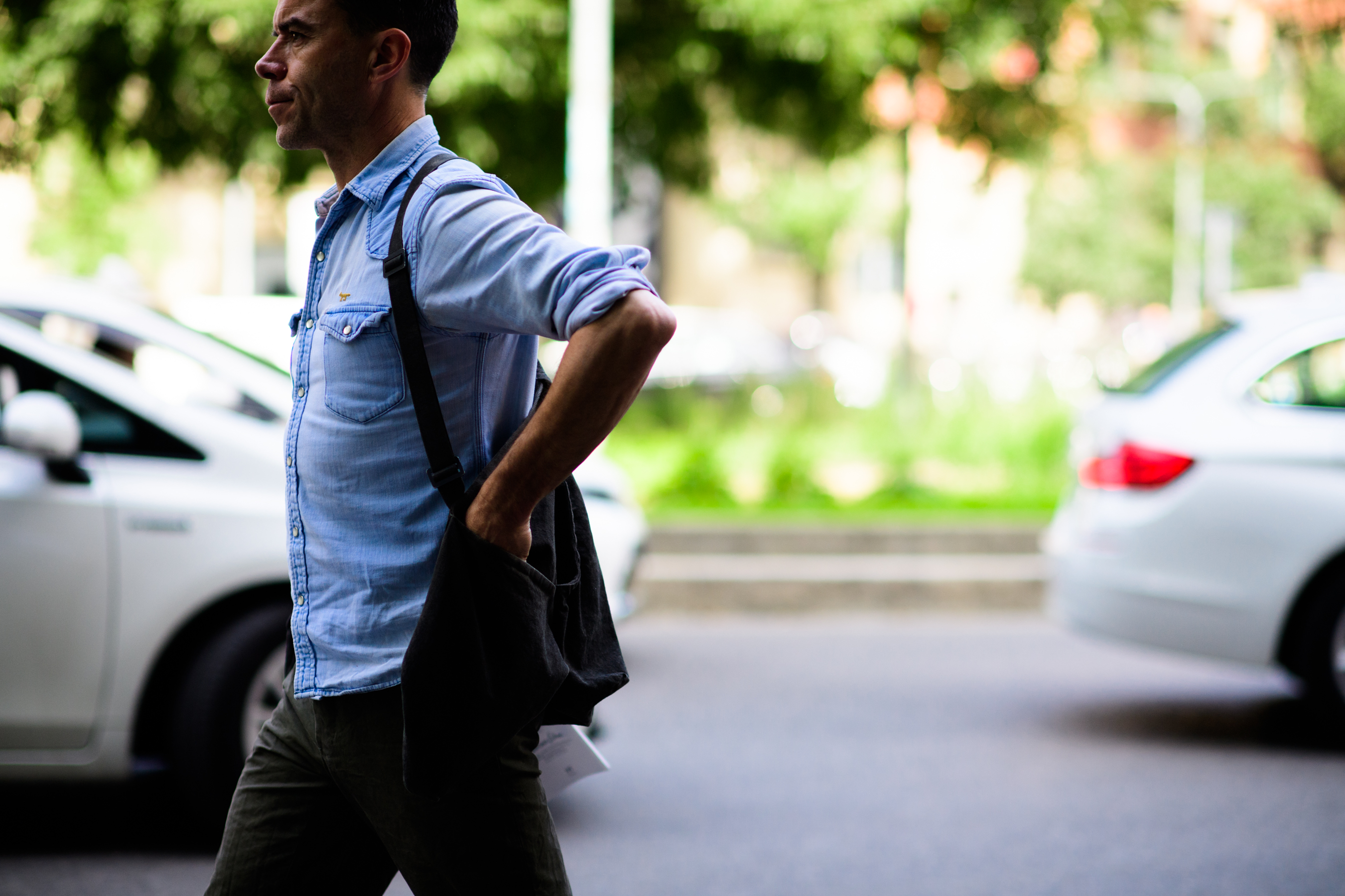 A man in a blue shirt