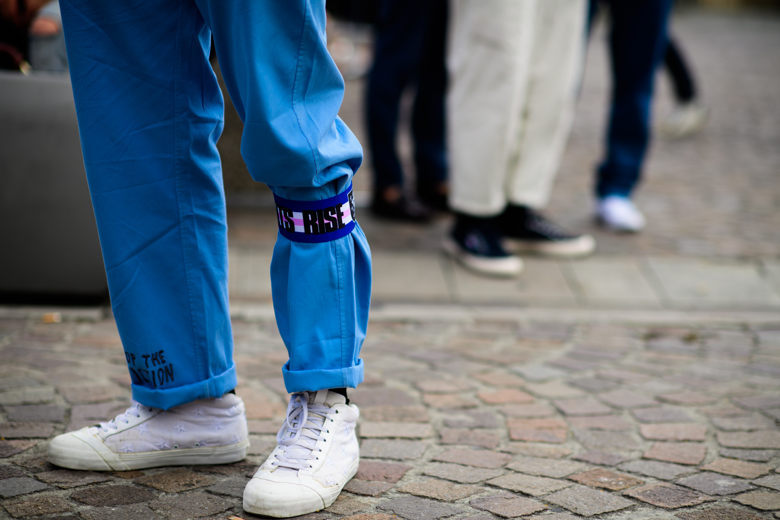 Blue denim and white sneakers