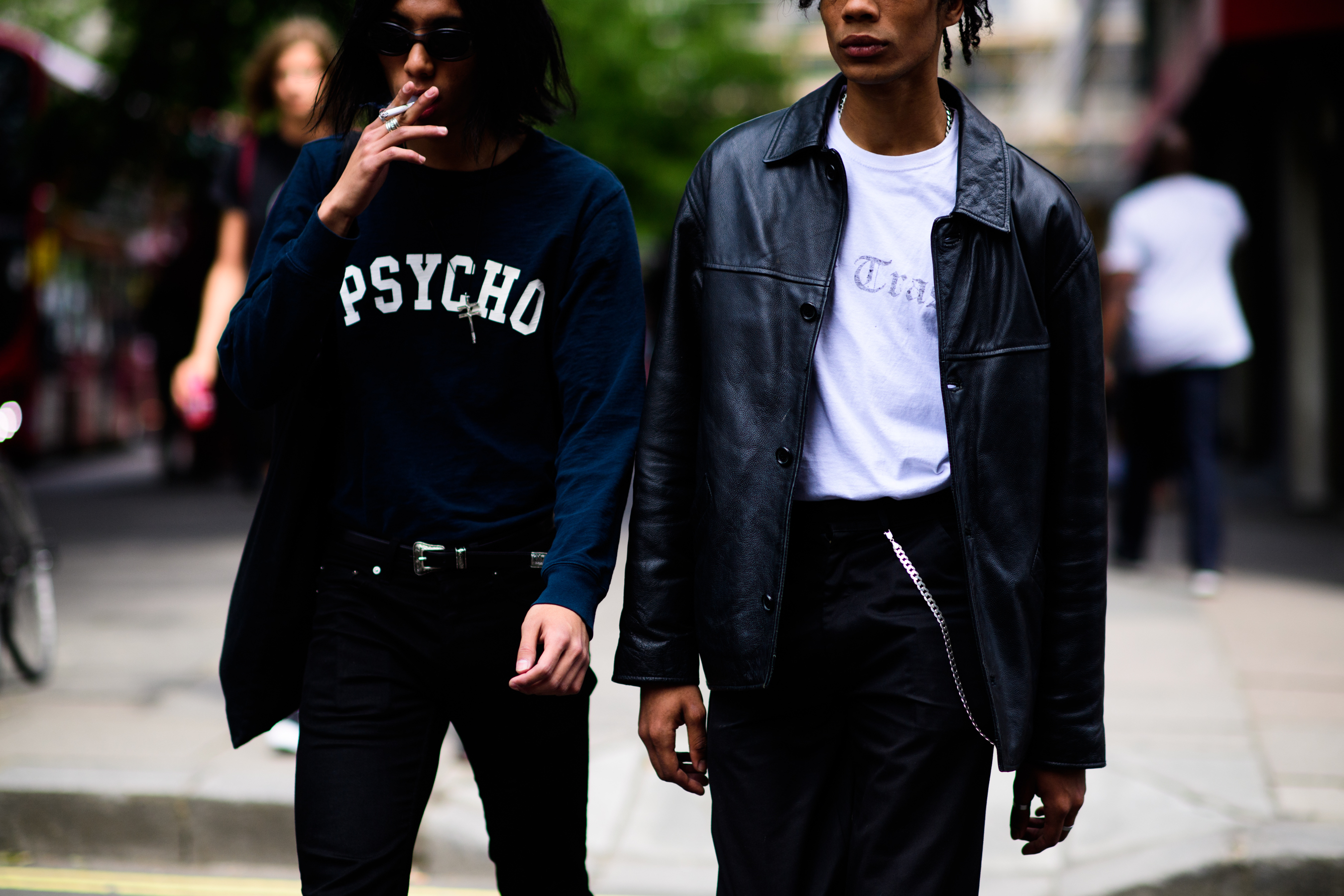 Blue Psycho sweatshirt, black leather jacket