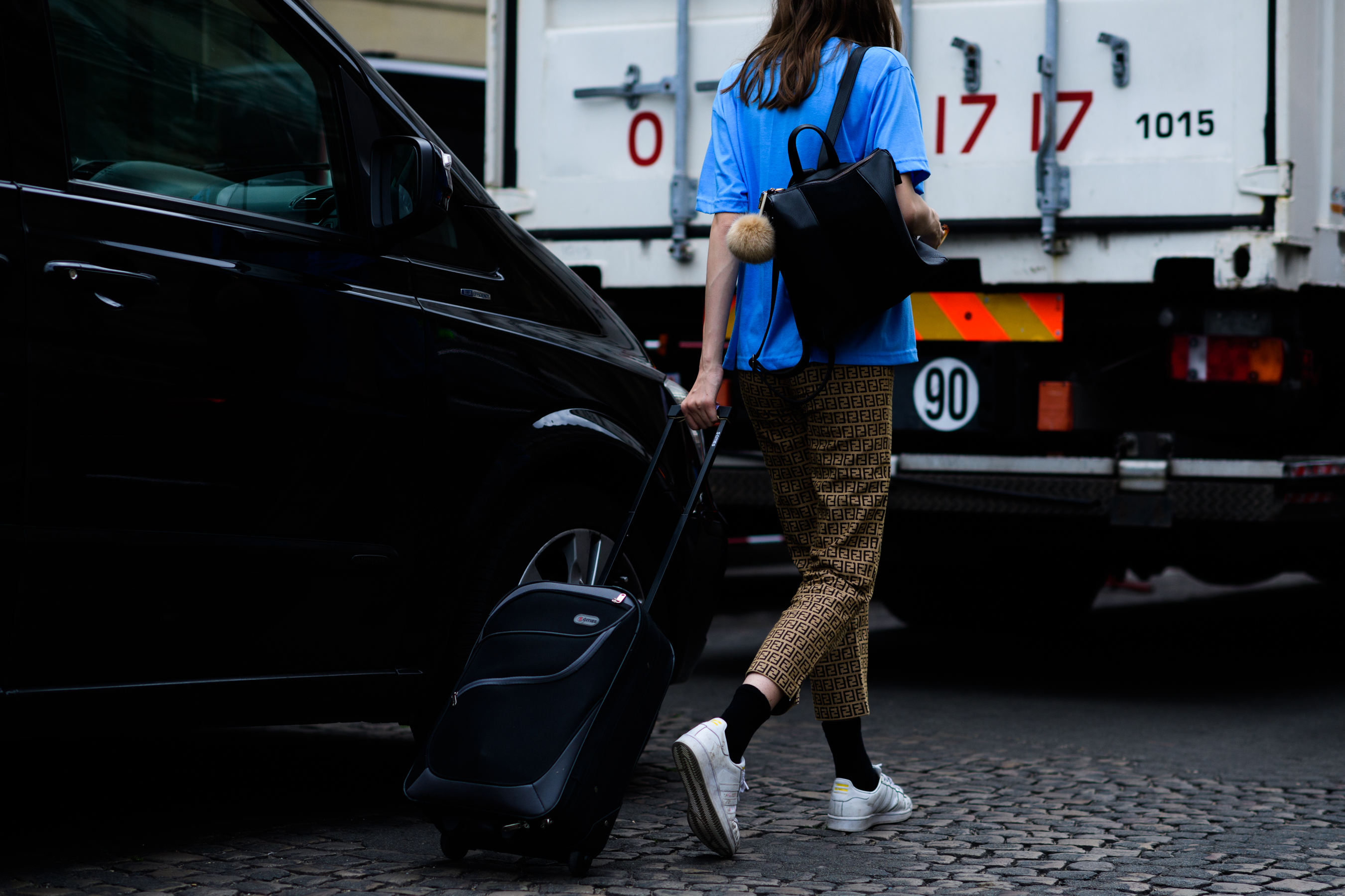 Model wearing Fendi monogram pants