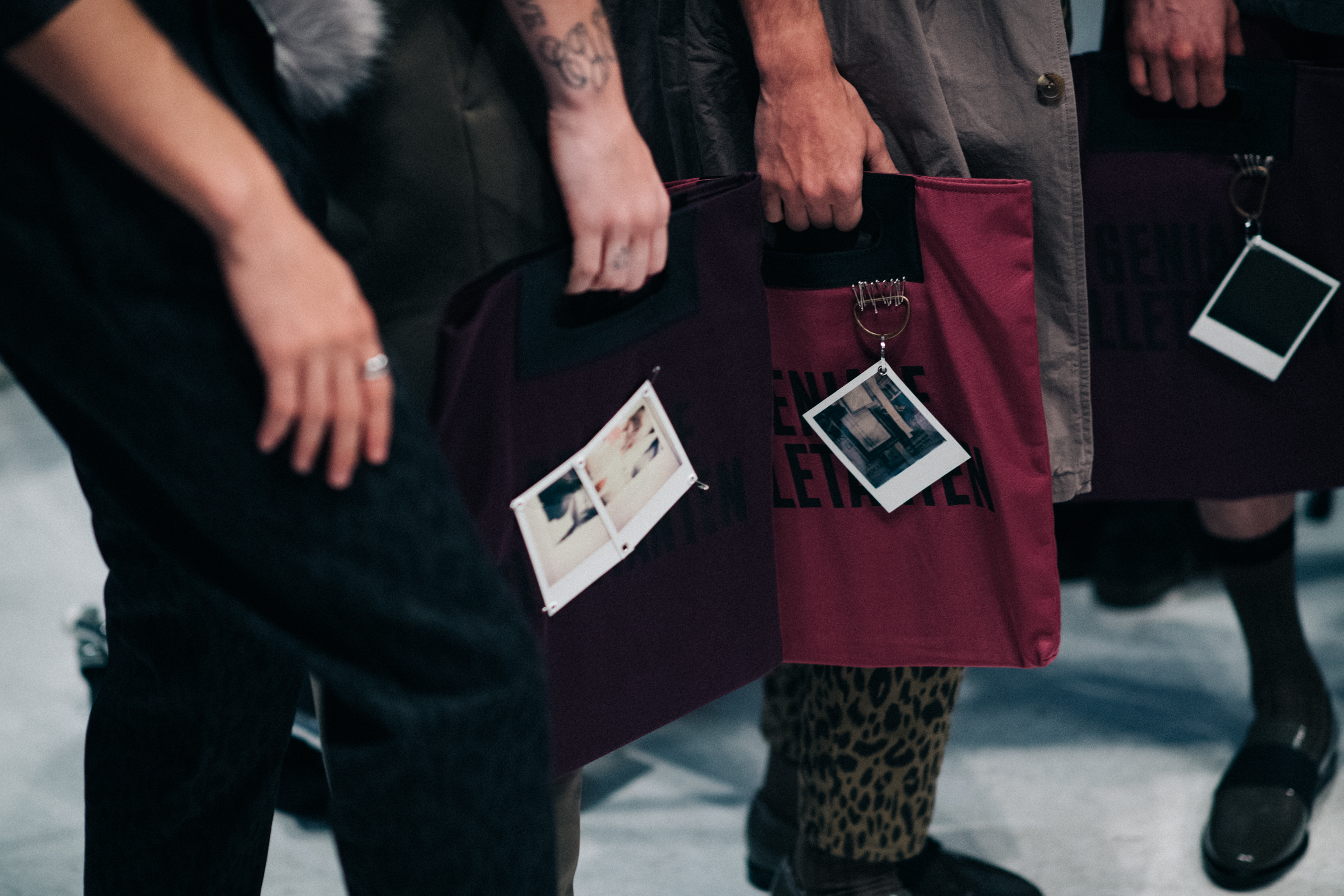 Bags decorated with polaroid photos
