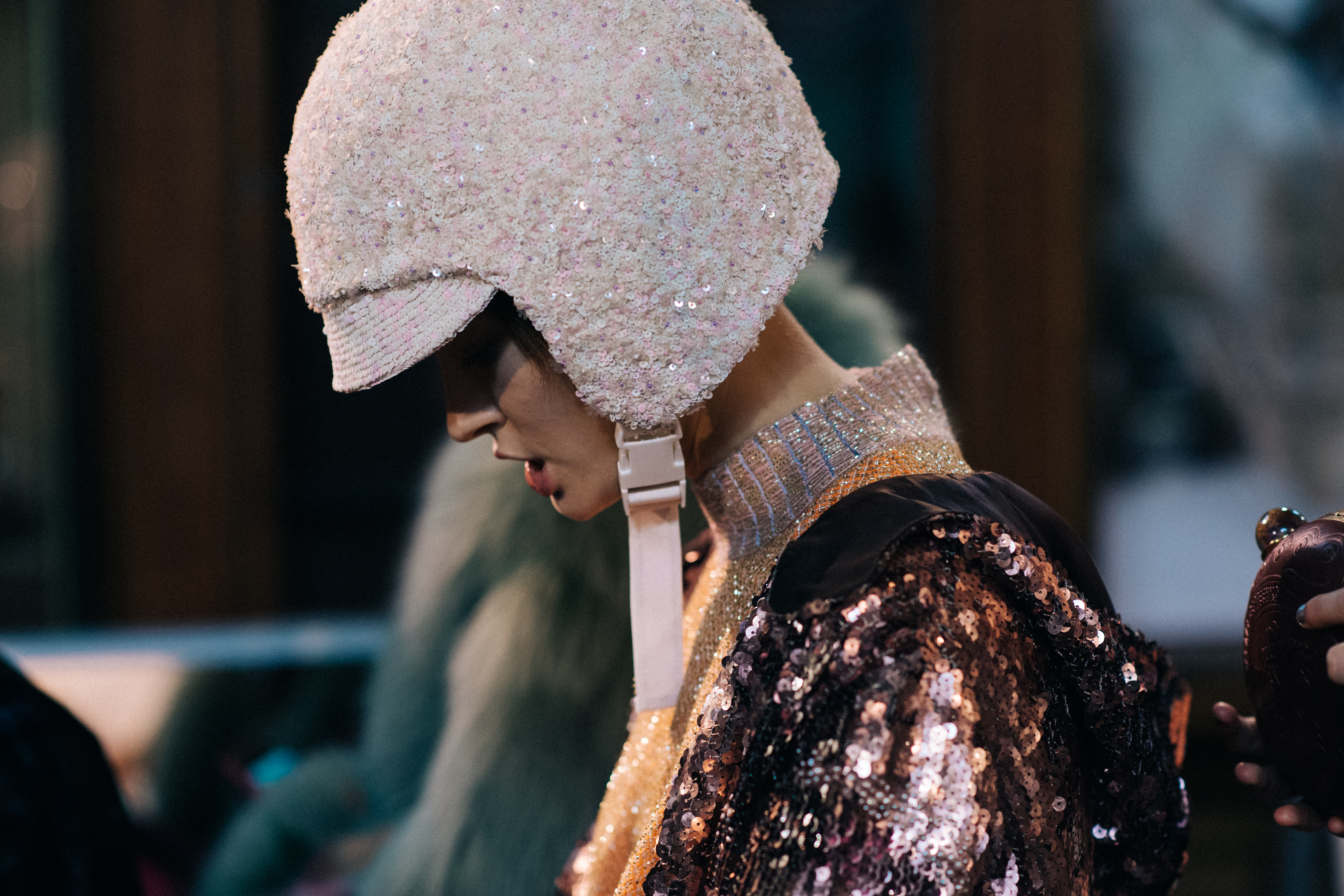 Model dressed in sequenced helmet