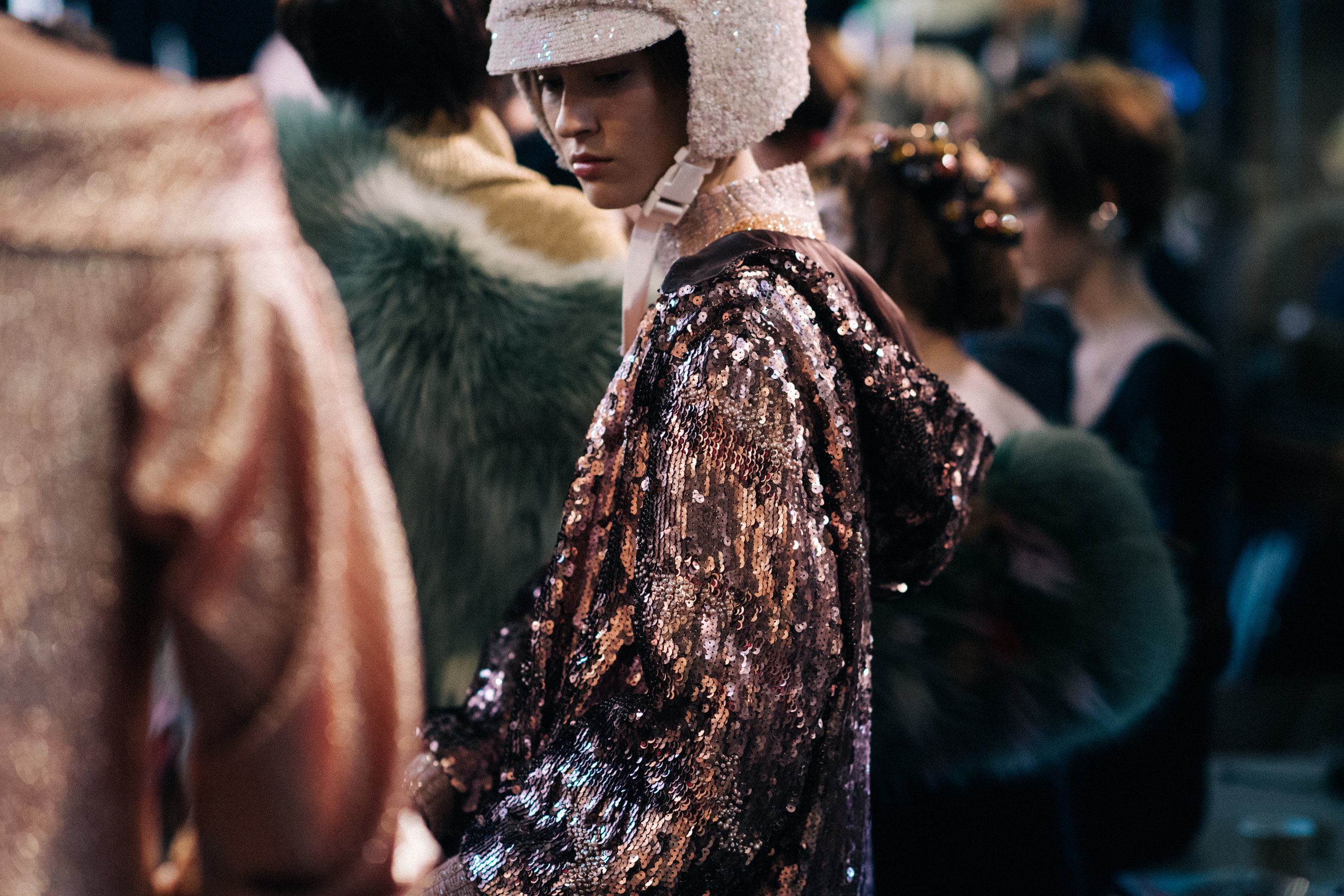 Russian model wearing sequenced outfit