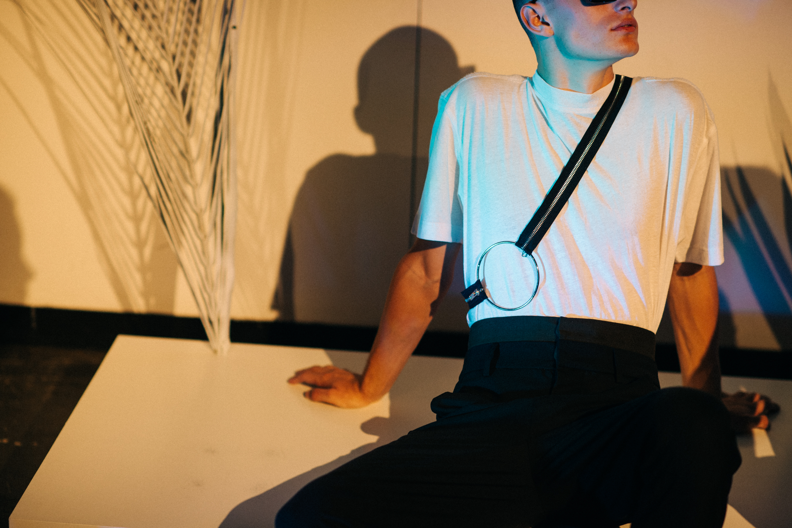 Male model wearing chest belt