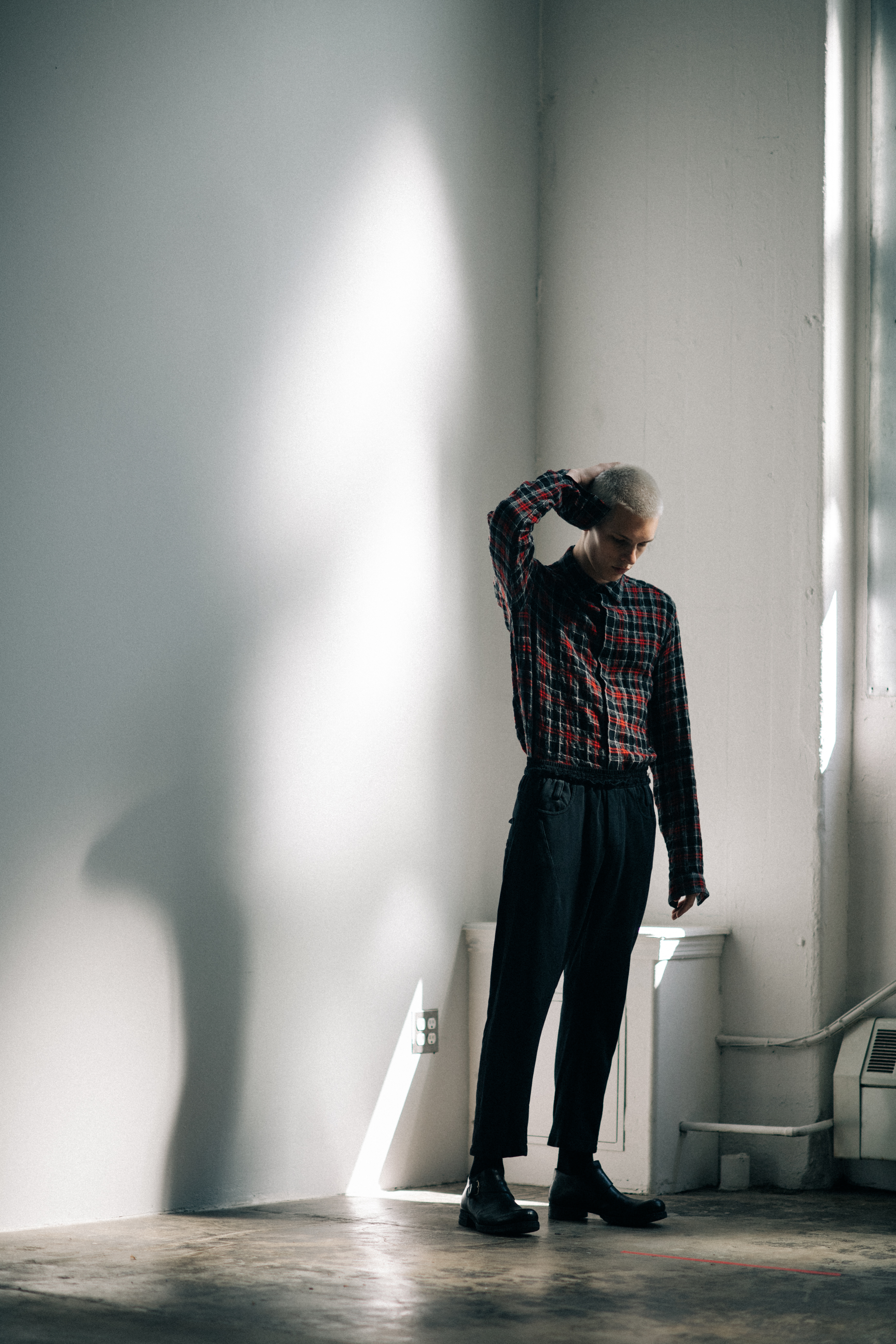 Male model with short white hair