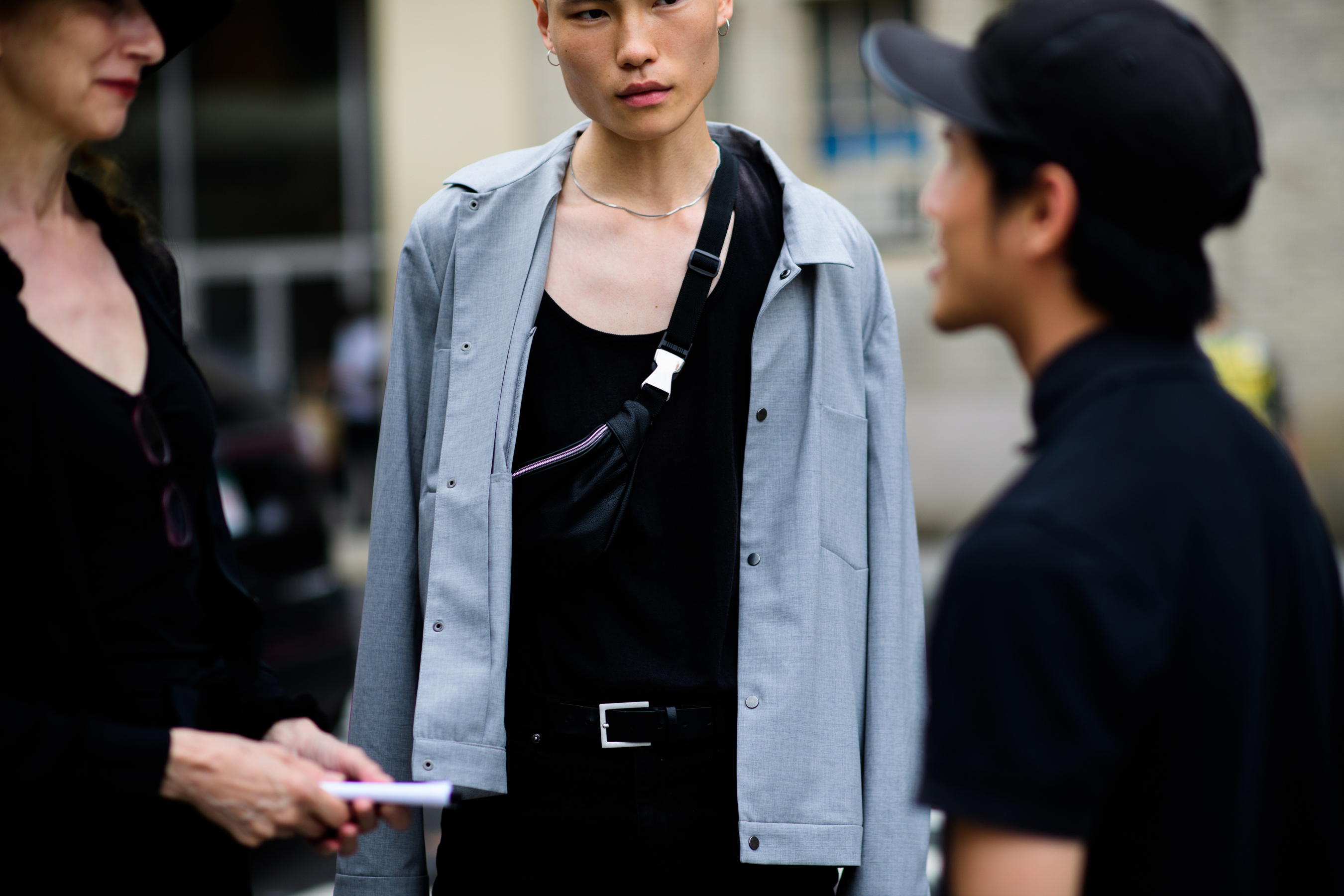 Asian male model wearing grey shirt