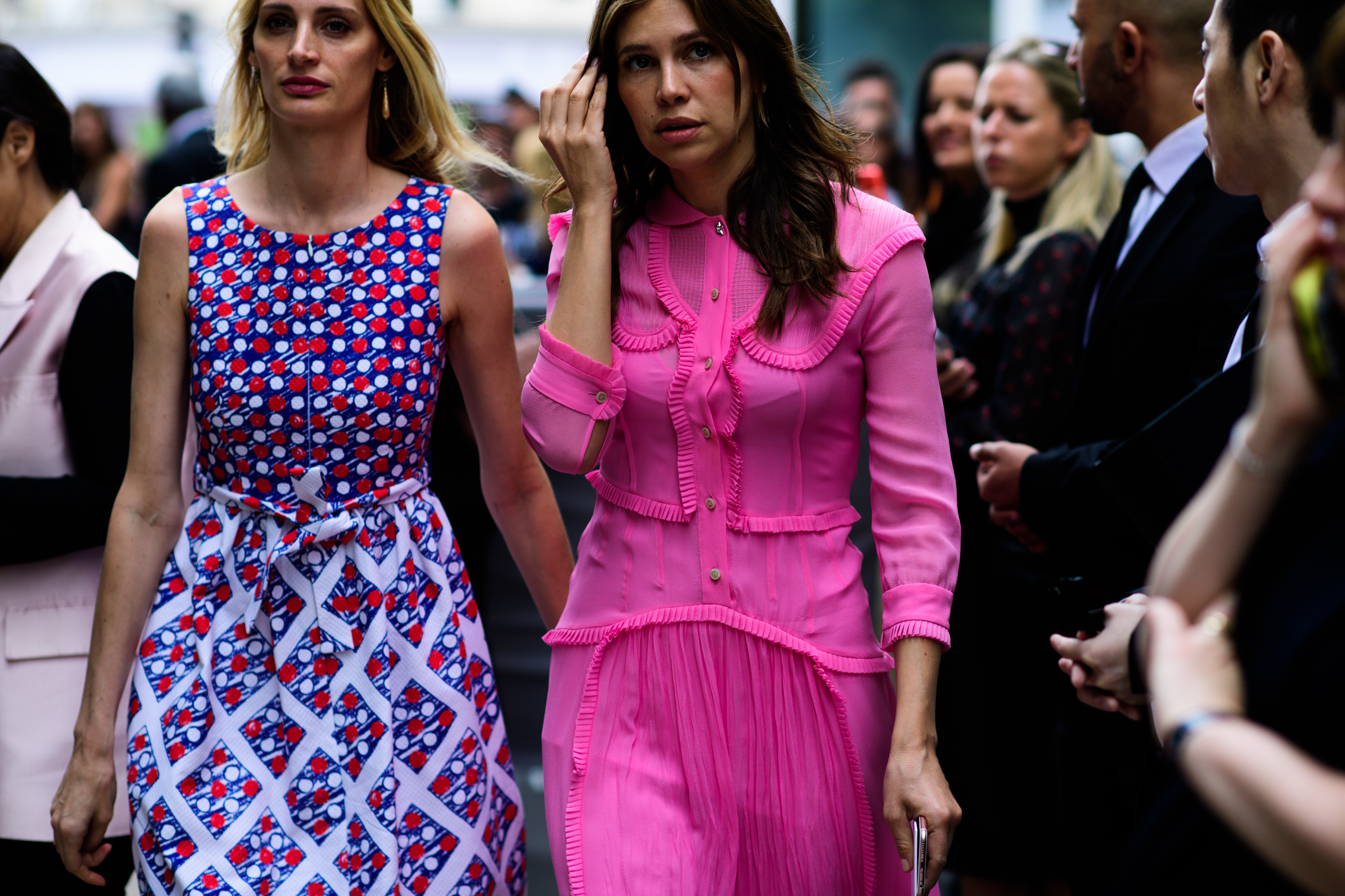 Woman wearing bright pink dress