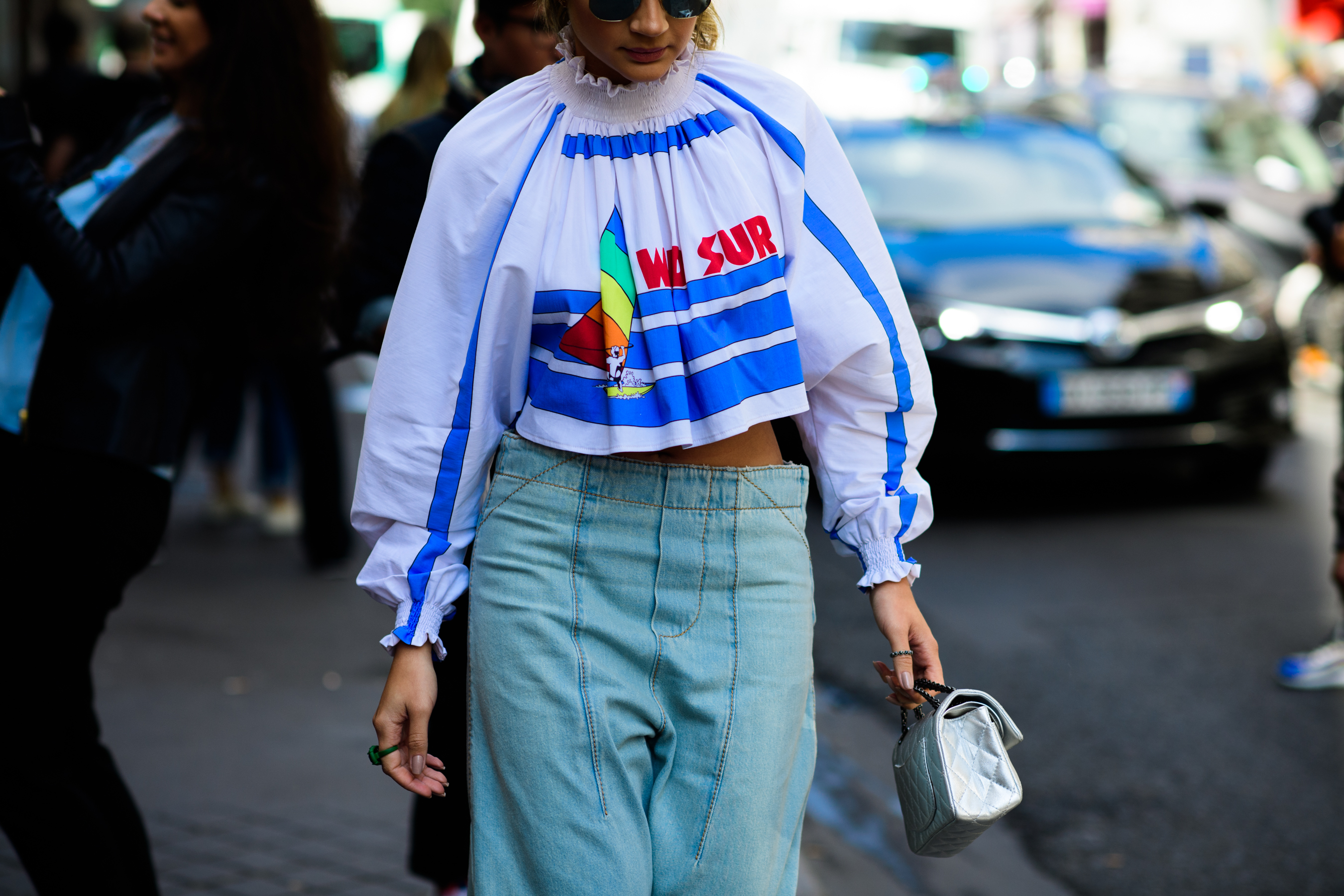 Woman wearing colourful cotton top