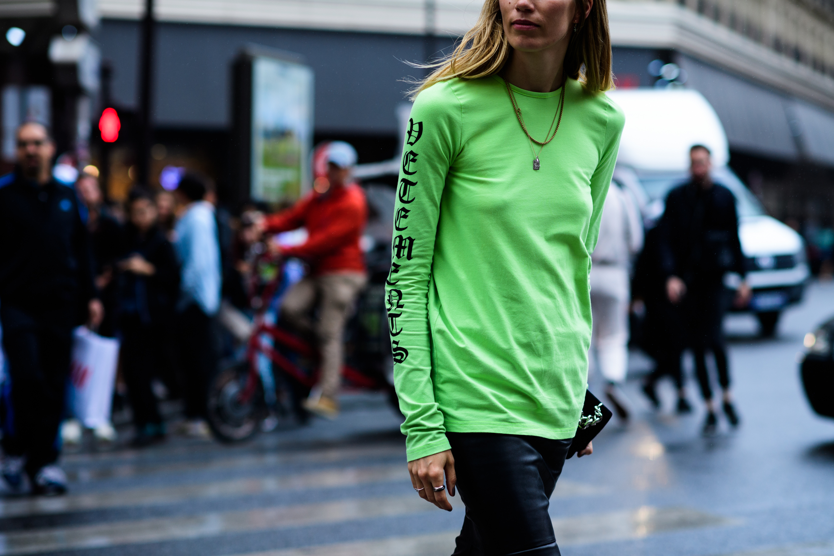 Woman wearing neon green top