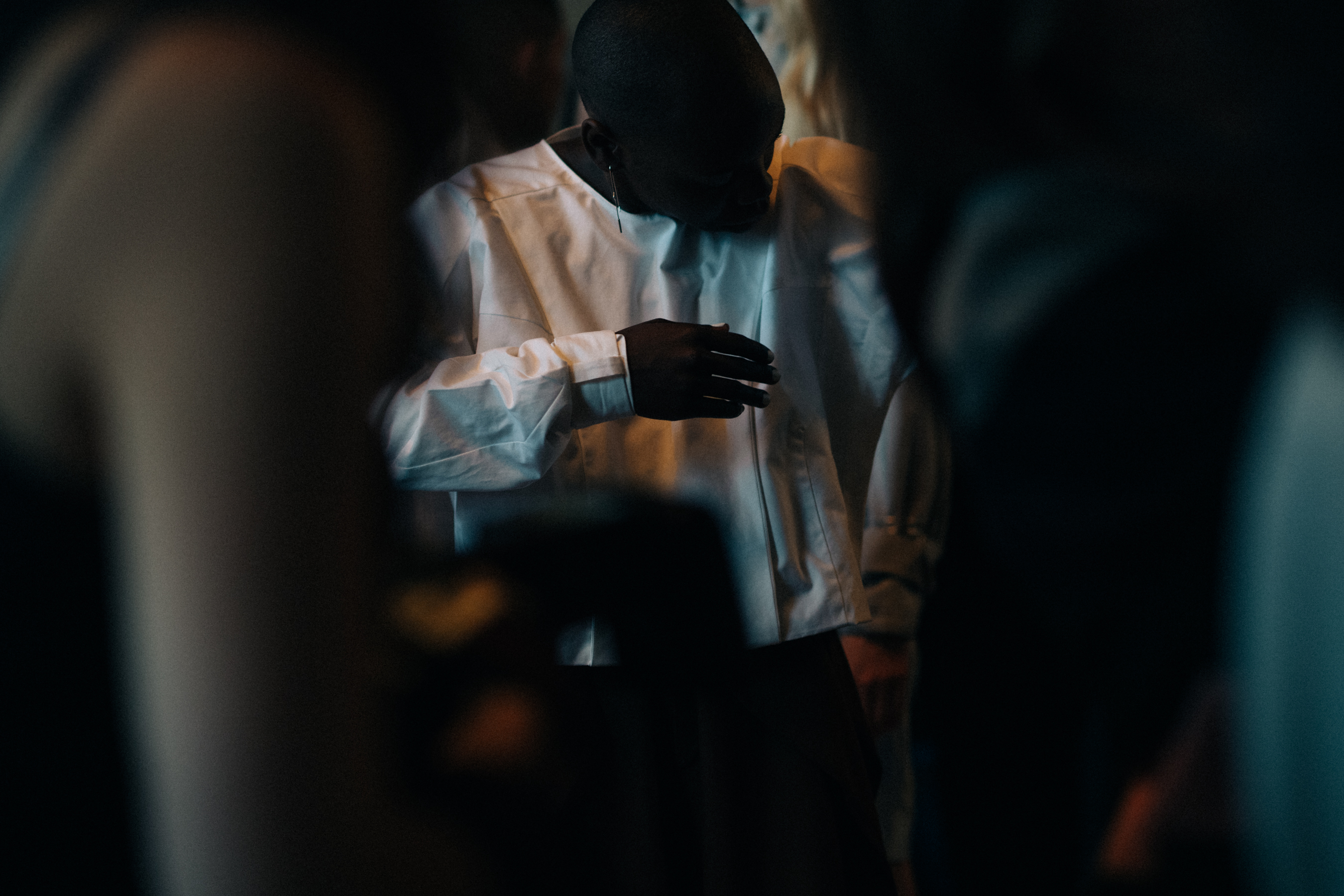 Model wearing oversized shirt