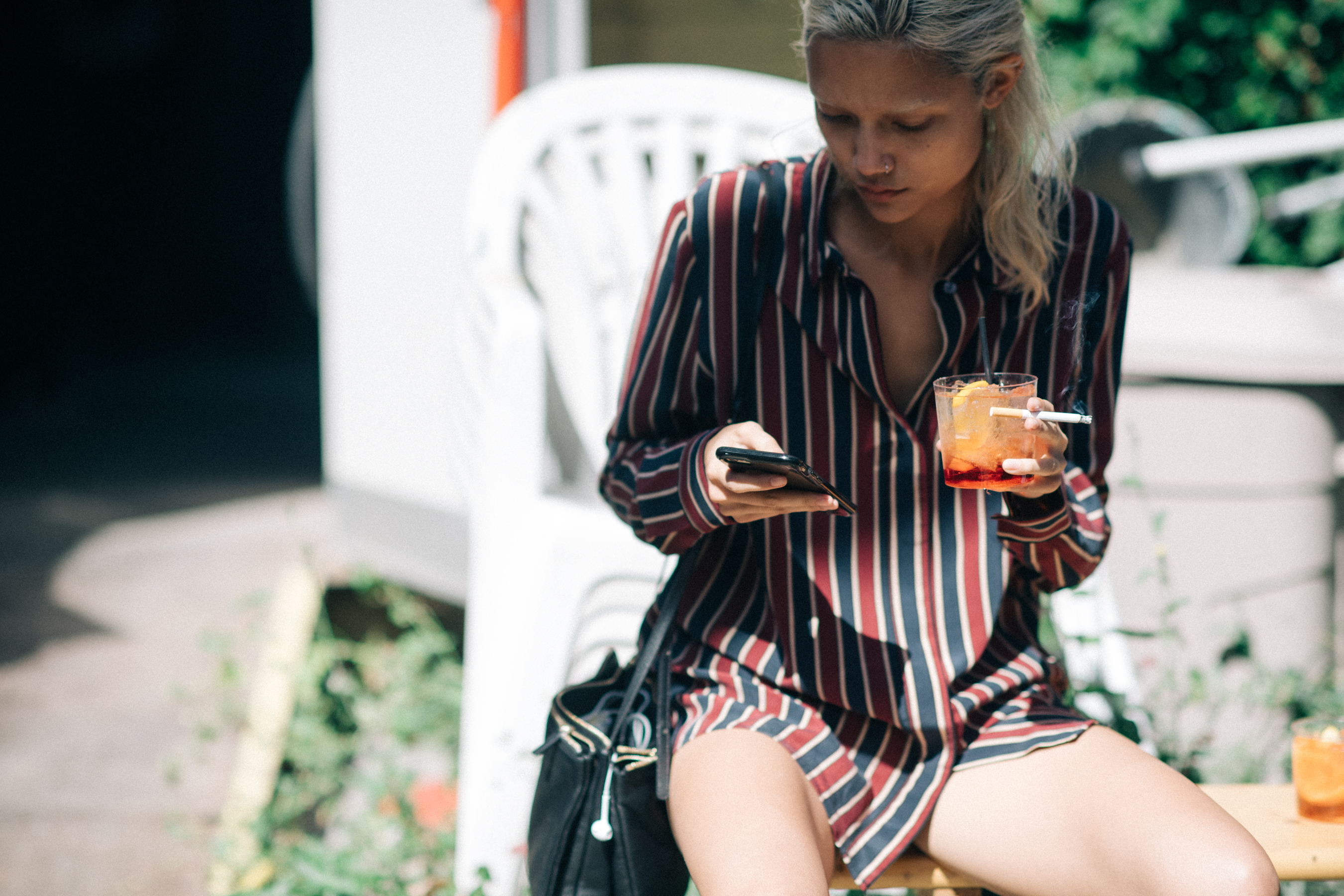 Model wearing striped shirt